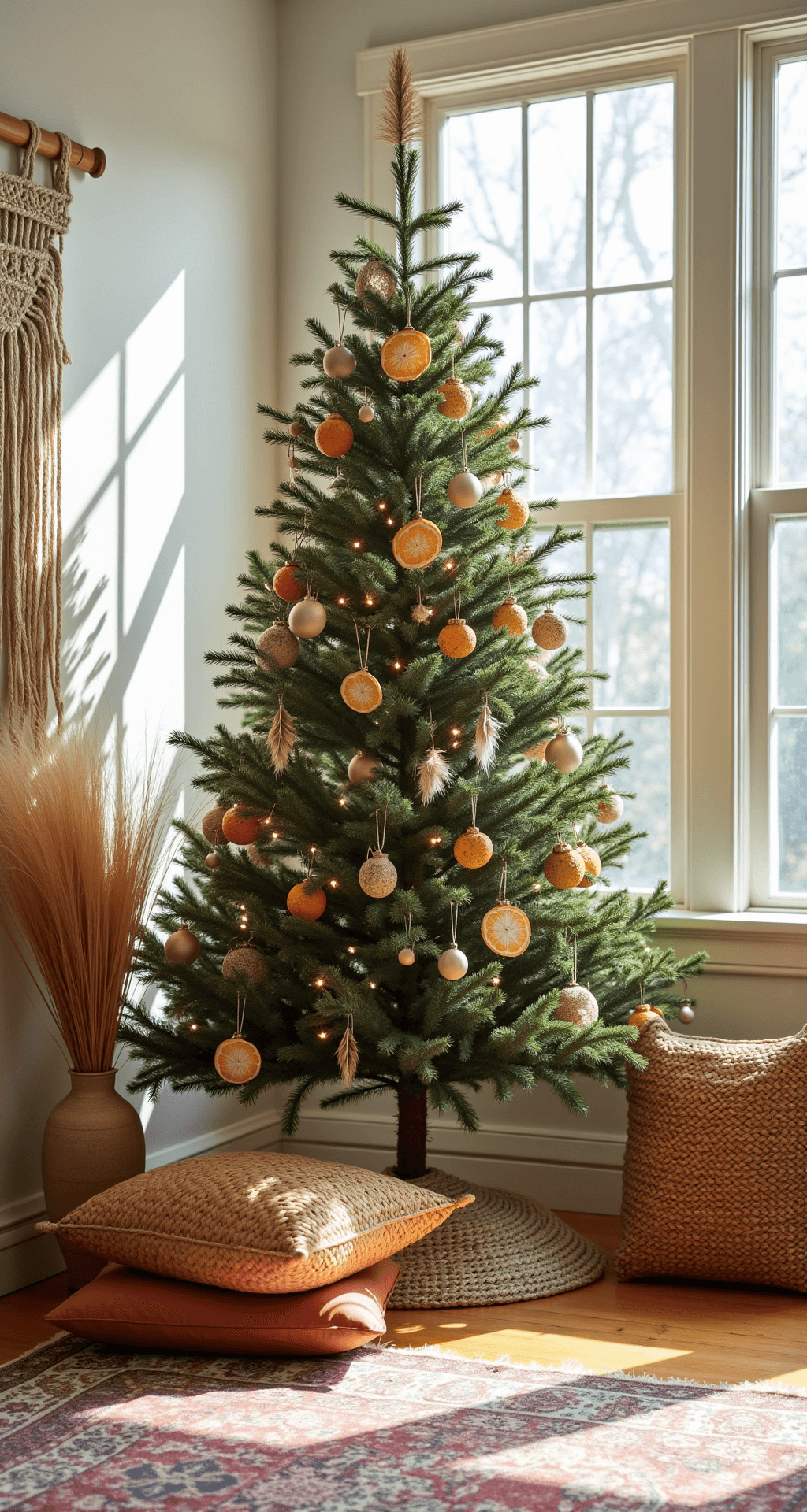 Boho Christmas Decor: Creating a Warm, Eclectic Holiday Haven Bohemian-style Christmas tree adorned with handmade macramé ornaments and dried citrus slices, illuminated by morning light through floor-to-ceiling windows, surrounded by layered rugs, floor cushions, and woven baskets, with a macramé wall hanging and dried pampas grass in the background.