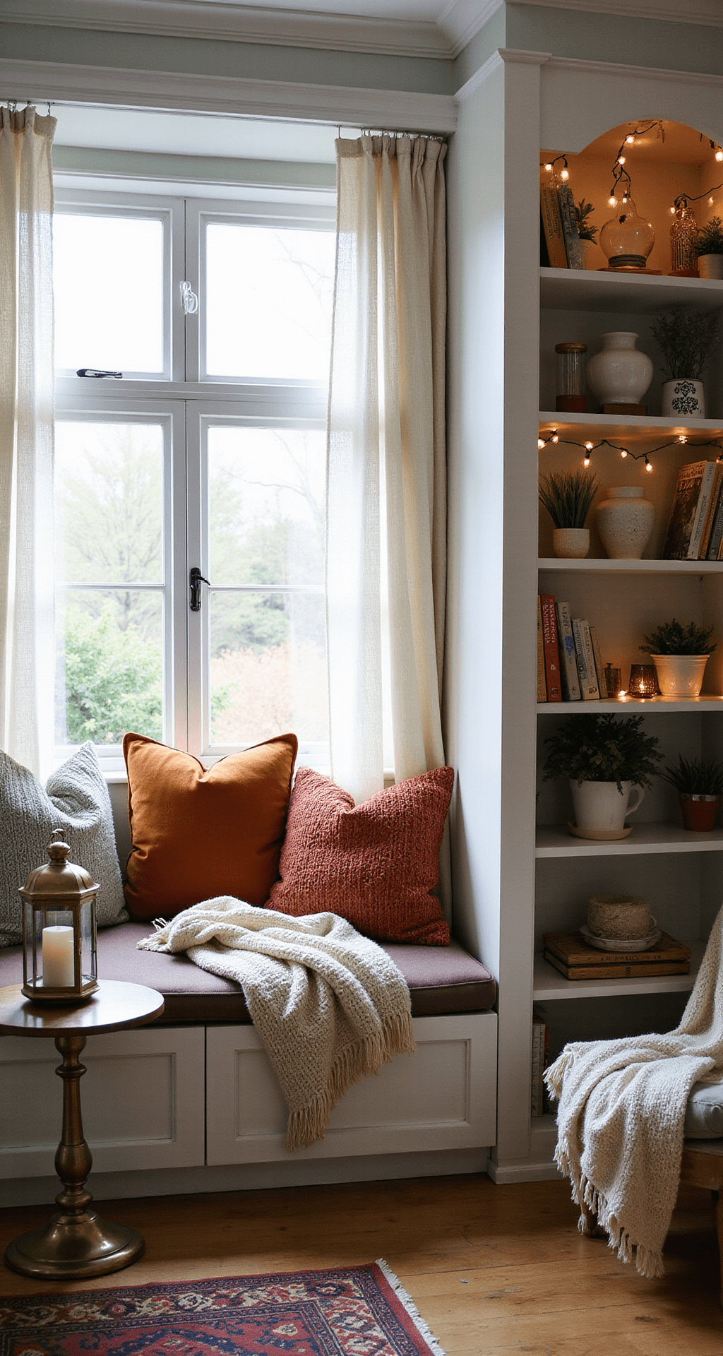 Boho Christmas Decor: Creating a Warm, Eclectic Holiday Haven Cozy holiday reading nook with built-in window seat, soft afternoon light, layered velvet cushions, chunky knit throws, brass lantern, and vintage decor.
