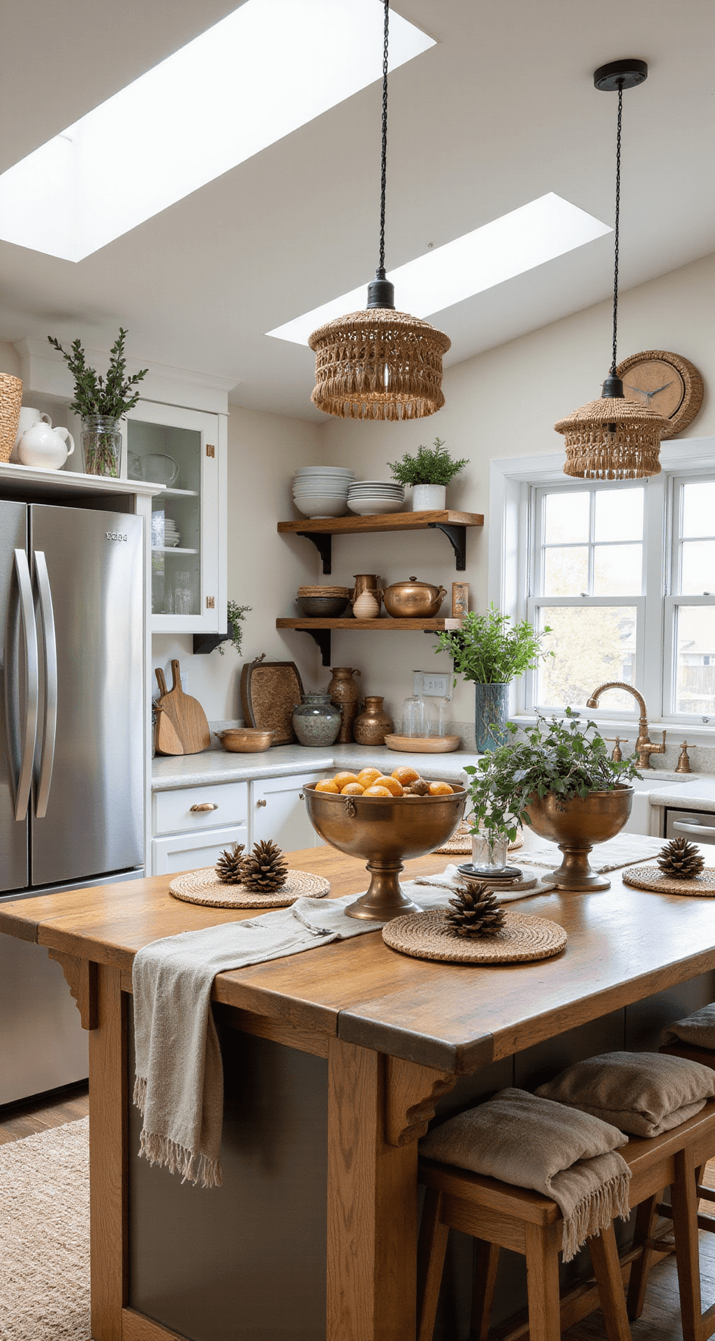 Boho Christmas Decor: Creating a Warm, Eclectic Holiday Haven Kitchen island decorated for holiday entertaining with reclaimed wood top, woven runners, and brass bowls of dried citrus and pinecones, under bright skylight. Featuring macramé pendant lights, open shelving with ceramic dishes and woven baskets, vintage copper pots, fresh eucalyptus, and earth-toned linen tea towels.