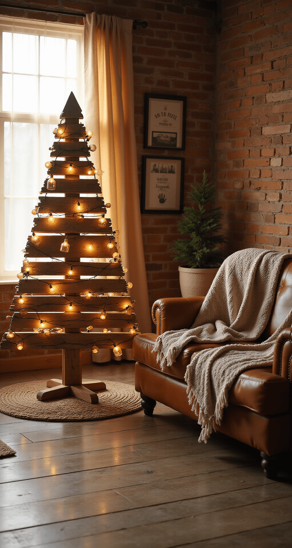 DIY Wood Christmas Tree: Your Ultimate Guide to Crafting a Festive Masterpiece A cozy living room during golden hour, featuring a rustic wooden Christmas tree centerpiece made from reclaimed pallet wood, warm sunlight streaming through sheer curtains, and vintage leather sofa adorned with chunky knit throw blankets, illuminated by mason jar string lights.