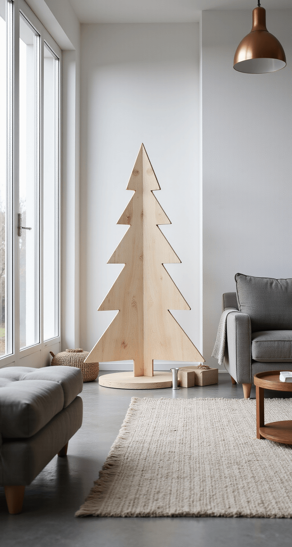 DIY Wood Christmas Tree: Your Ultimate Guide to Crafting a Festive Masterpiece A minimalist Scandinavian living space features a geometric wooden Christmas tree, bright Nordic light flooding through large windows onto polished concrete floors, mid-century modern furniture, and sparse copper ornaments, all in a serene color palette of whites and soft grays.
