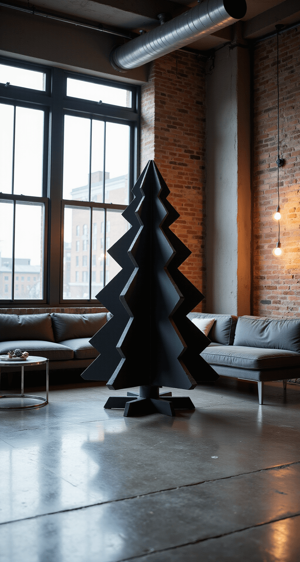 DIY Wood Christmas Tree: Your Ultimate Guide to Crafting a Festive Masterpiece Modern industrial loft with a sleek matte black geometric Christmas tree as the focal point, featuring polished concrete floors, raw brick walls, and contemporary furniture. Soft afternoon light illuminates the space through steel-framed windows, with LED strip lighting creating dramatic shadows. The scene captures a monochromatic palette of blacks, grays, and whites, accented by warm lighting.