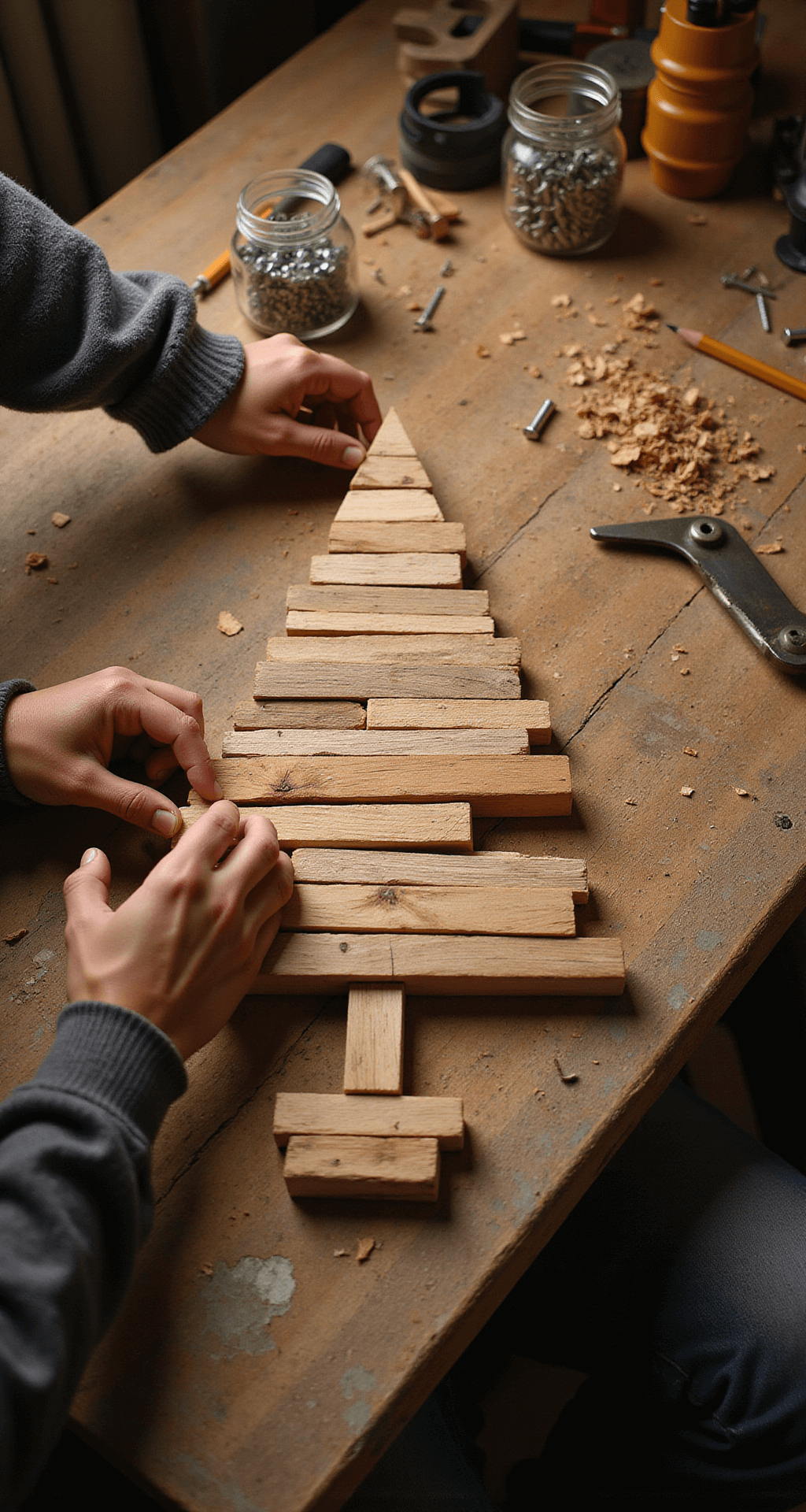 DIY Wood Christmas Tree: Your Ultimate Guide to Crafting a Festive Masterpiece Close-up of a craftsperson's hands assembling a wooden Christmas tree at a warm, illuminated workbench, surrounded by tools and materials.