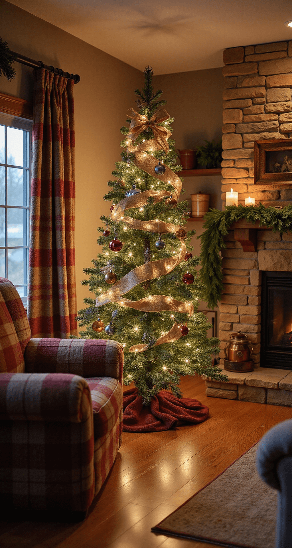 DIY Wood Christmas Tree: Your Ultimate Guide to Crafting a Festive Masterpiece A cozy family room decorated for Christmas, featuring a rustic wooden tree adorned with LED lights and burlap ribbon, overstuffed armchairs with plaid throws, a crackling stone fireplace, and a mantel draped with pine garland, all bathed in warm evening light.
