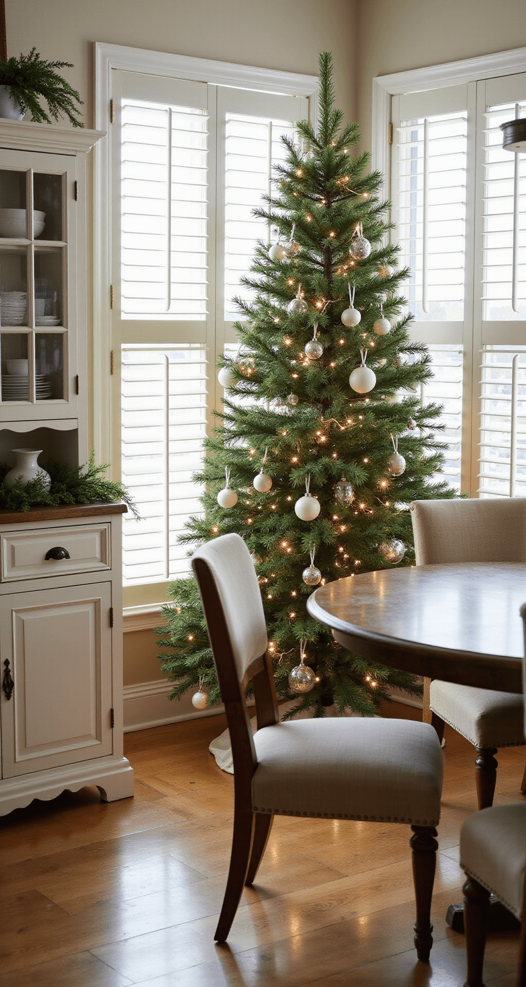 DIY Wood Christmas Tree: Your Ultimate Guide to Crafting a Festive Masterpiece Elegant dining room with a wooden Christmas tree centerpiece, soft morning light through plantation shutters, herringbone hardwood floors, farmhouse table, upholstered chairs, vintage china cabinet, delicate glass ornaments, and fresh greenery in a neutral palette.