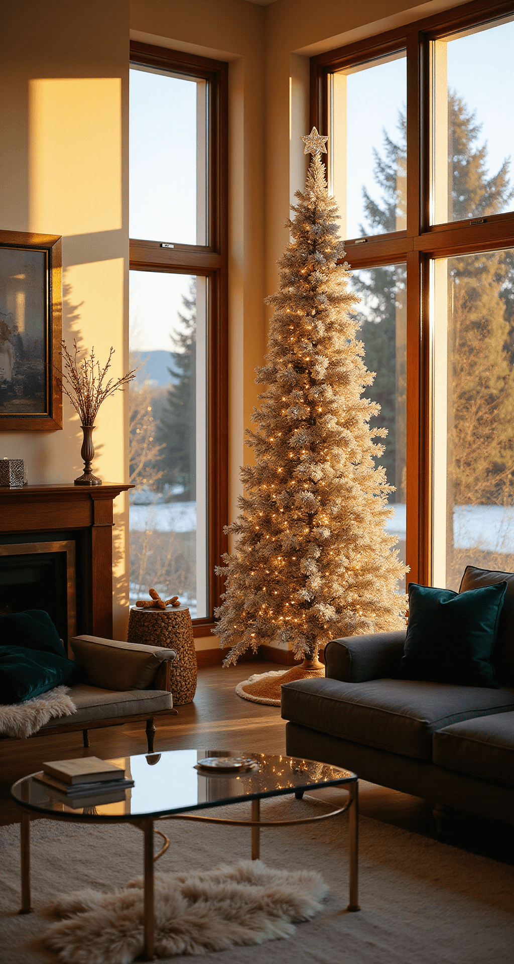 Sparkling Elegance: How to Create the Perfect Crystal Christmas Tree Wide-angle shot of a modern living room at golden hour, featuring a tall LED crystal Christmas tree on a dark walnut console, with warm sunlight casting rainbows on cream walls, contemporary furniture, and rich textures including velvet pillows and a sheepskin rug.