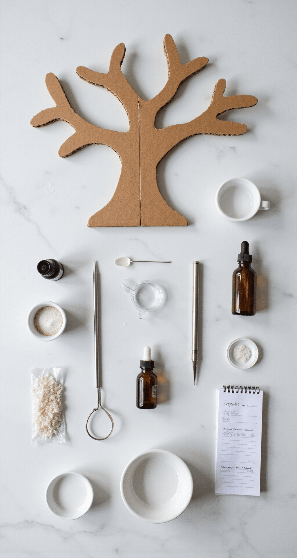 Sparkling Elegance: How to Create the Perfect Crystal Christmas Tree Overhead flat lay of a crystal growing science experiment setup on a marble countertop, featuring measuring cups with solutions, salt crystals, dropper bottles, and a cardboard tree structure, all arranged in a neat grid with stainless steel tools and notebooks in a sterile laboratory aesthetic.