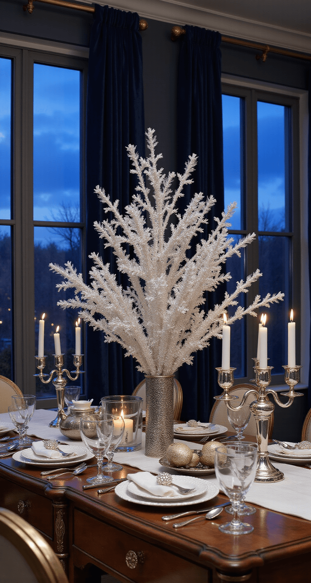 Sparkling Elegance: How to Create the Perfect Crystal Christmas Tree Elegant dining room vignette during blue hour, showcasing a crystal tree arrangement on an antique mahogany sideboard, with deep navy walls, silver mercury glass accents, and white porcelain, complemented by tall silver candlesticks and velvet navy curtains framing twilight windows, creating an intimate upscale holiday atmosphere.
