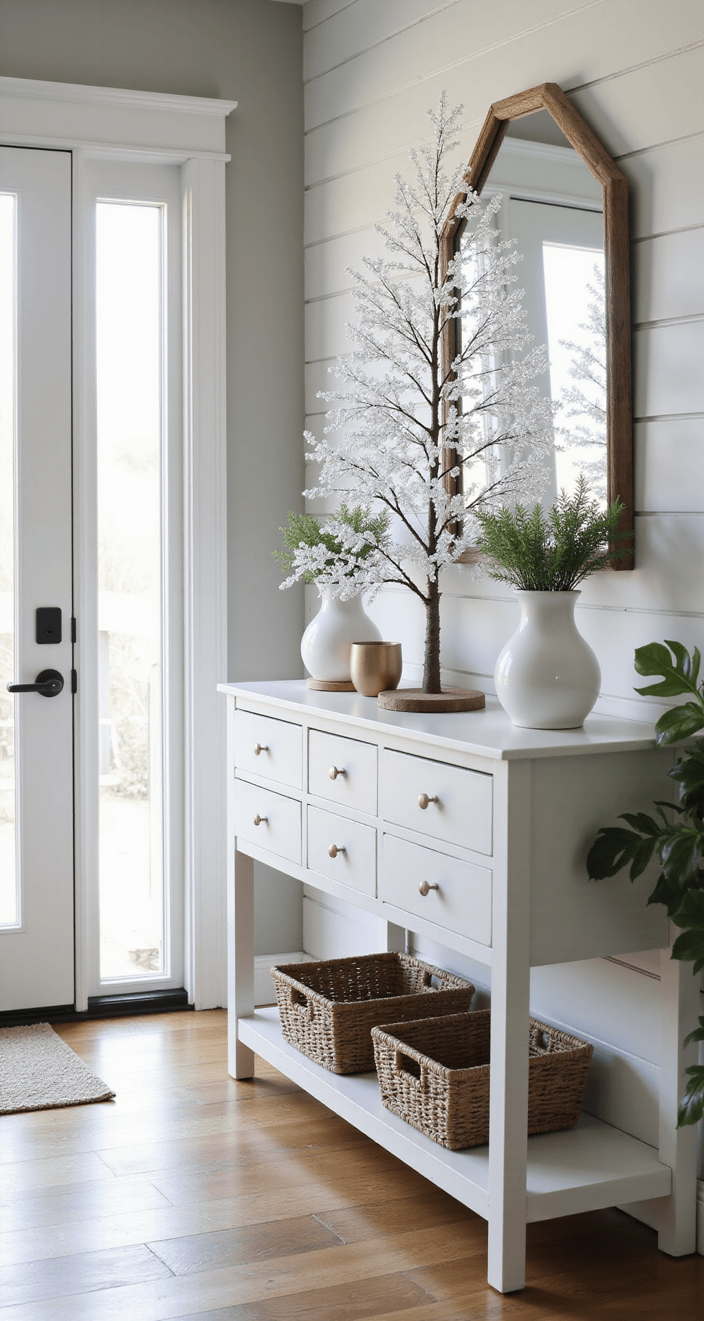 Sparkling Elegance: How to Create the Perfect Crystal Christmas Tree Bright entryway featuring a crystal tree on a white console table against shiplap walls, enhanced by natural daylight from a glass front door, with Scandinavian-inspired decor, greenery, and a neutral runner on wide-plank floors.