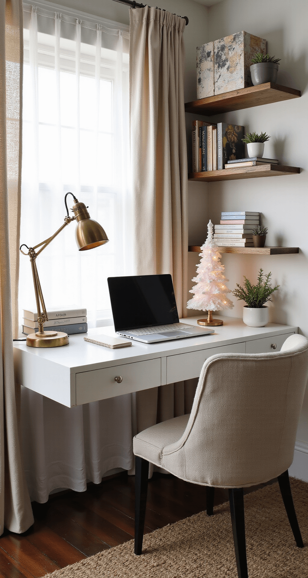 Sparkling Elegance: How to Create the Perfect Crystal Christmas Tree Cozy home office corner with a crystal tree centerpiece on a floating white desk shelf, featuring a laptop, notebooks, and a brass desk lamp, illuminated by soft afternoon light filtering through sheer curtains, surrounded by books and small succulents in ceramic pots, with a jute rug, linen curtains, and reclaimed wood shelving, creating a warm and inviting atmosphere for creative work and holiday inspiration.