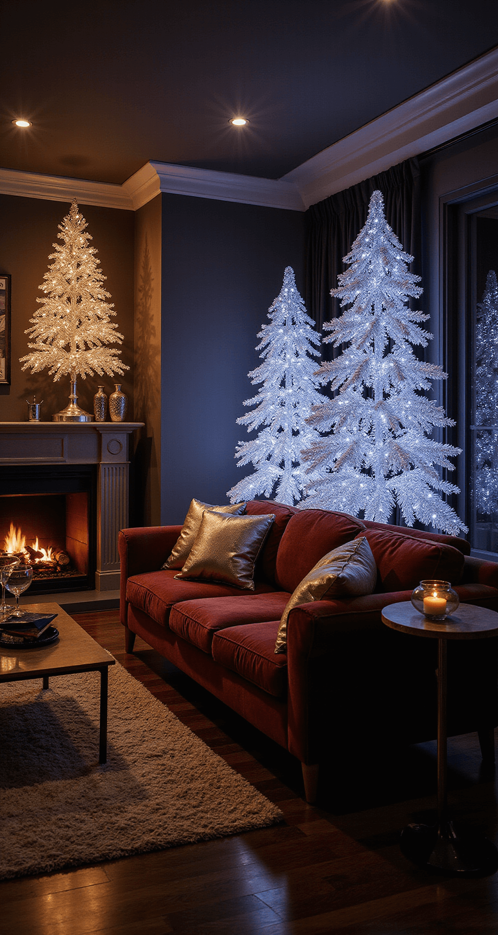 Sparkling Elegance: How to Create the Perfect Crystal Christmas Tree Dramatic nighttime living room featuring multiple crystal trees casting magical reflections, a velvet sofa in deep jewel tones, and ambient lighting from a fireplace and string lights, creating an enchanting holiday atmosphere.