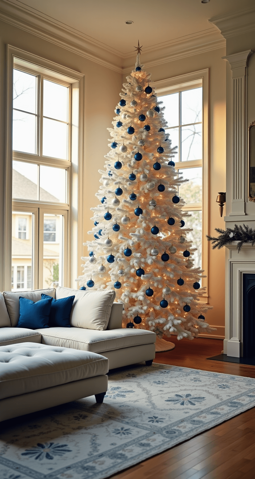 Blue and Silver Christmas Tree: A Winter Wonderland Elegance A spacious living room with a 9-foot white Christmas tree adorned with blue and silver ornaments, illuminated by golden hour lighting through tall windows, featuring a plush ivory sectional sofa, rich hardwood floors, and a Persian rug, all set under a vaulted ceiling with architectural moldings.
