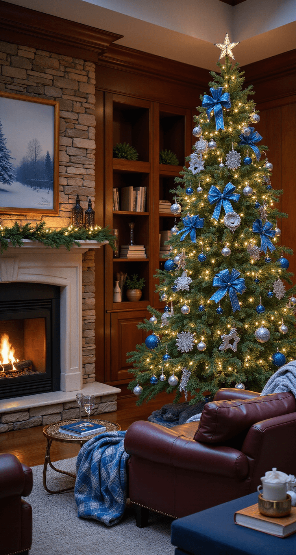 Blue and Silver Christmas Tree: A Winter Wonderland Elegance Cozy family room featuring a traditional green Christmas tree decorated in a blue and silver theme, illuminated by twinkling lights. A crackling fireplace with a stone hearth complements burgundy leather armchairs and wool plaid throws, creating an intimate holiday ambiance with rich textures and warm architectural elements.