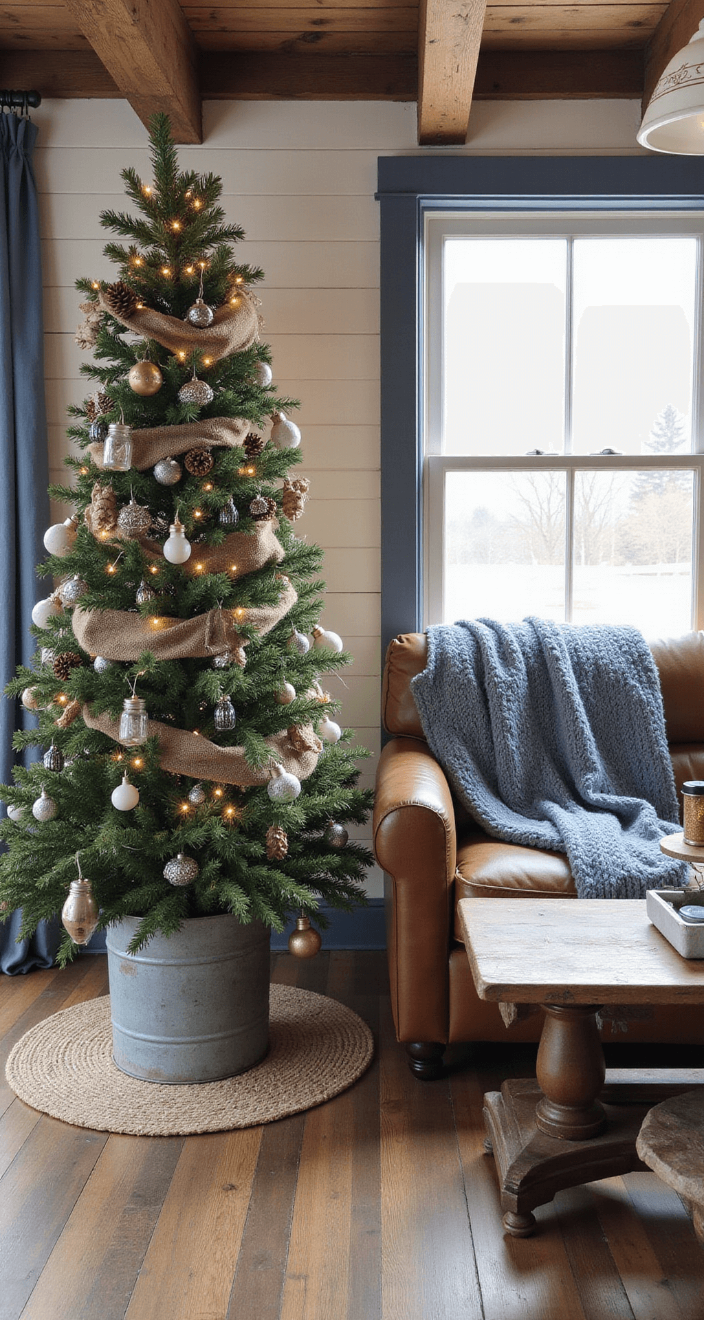 Blue and Silver Christmas Tree: A Winter Wonderland Elegance A cozy rustic farmhouse interior features a blue and silver Christmas tree adorned with natural elements, complemented by exposed wooden beams and shiplap walls. Vintage furniture, muted blue tones, pinecones, and burlap textures enhance the inviting atmosphere, while mason jar lights and galvanized metal containers add charm. The scene includes a worn leather sofa with chunky knit blankets, warm pendant lighting, and handcrafted holiday decorations, captured from a medium shot perspective in the dining area.