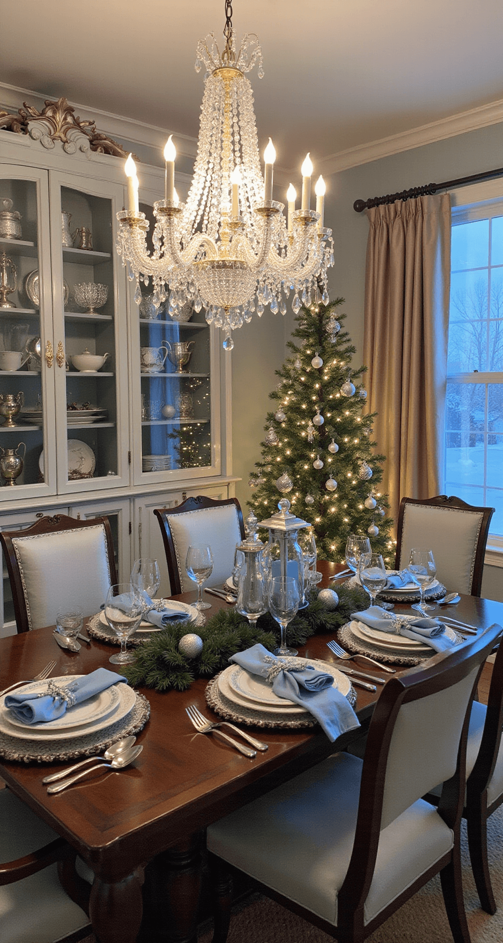 Blue and Silver Christmas Tree: A Winter Wonderland Elegance Elegant formal dining room decorated with blue and silver Christmas decor, featuring a crystal chandelier, mahogany table with coordinated garlands, silk champagne draperies, and a Christmas tree near a china cabinet. Dramatic evening lighting enhances the room's symmetry and holiday atmosphere.