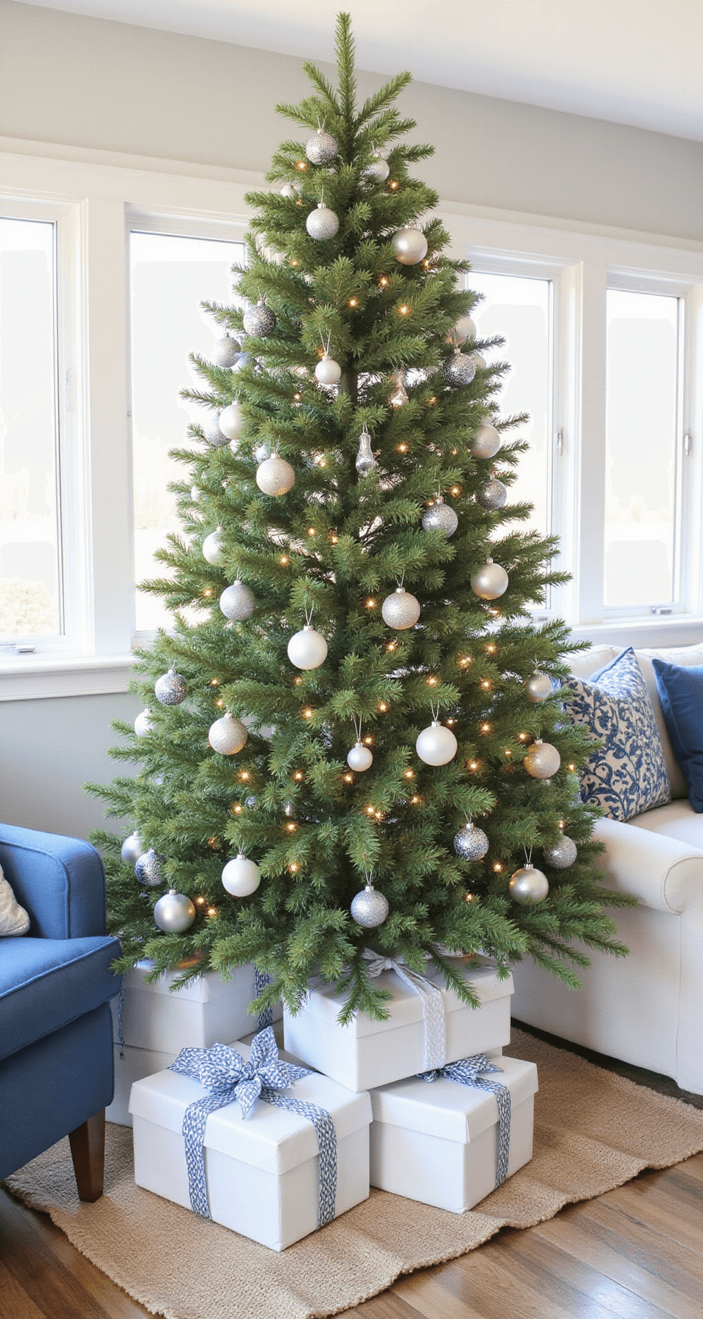 Blue and Silver Christmas Tree: A Winter Wonderland Elegance A cozy family room adorned for Christmas with DIY blue and silver decorations, featuring an Ikea sectional with coordinated throw pillows, a festive tree surrounded by white faux gift boxes on a burlap skirt, and natural light streaming through the windows.