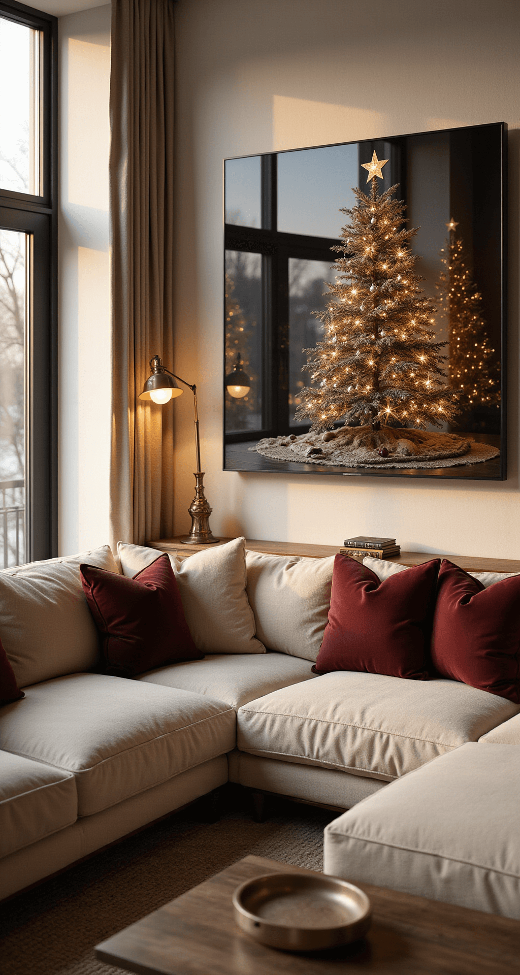 Christmas Tree PNG Graphics: The Ultimate Creative Resource Guide Interior of a modern living room featuring a transparent Christmas tree displayed on a wall-mounted TV, warm golden hour lighting, a plush cream sectional sofa with burgundy pillows, a polished walnut coffee table, and ambient lighting from brass lamps, creating a cozy holiday atmosphere.