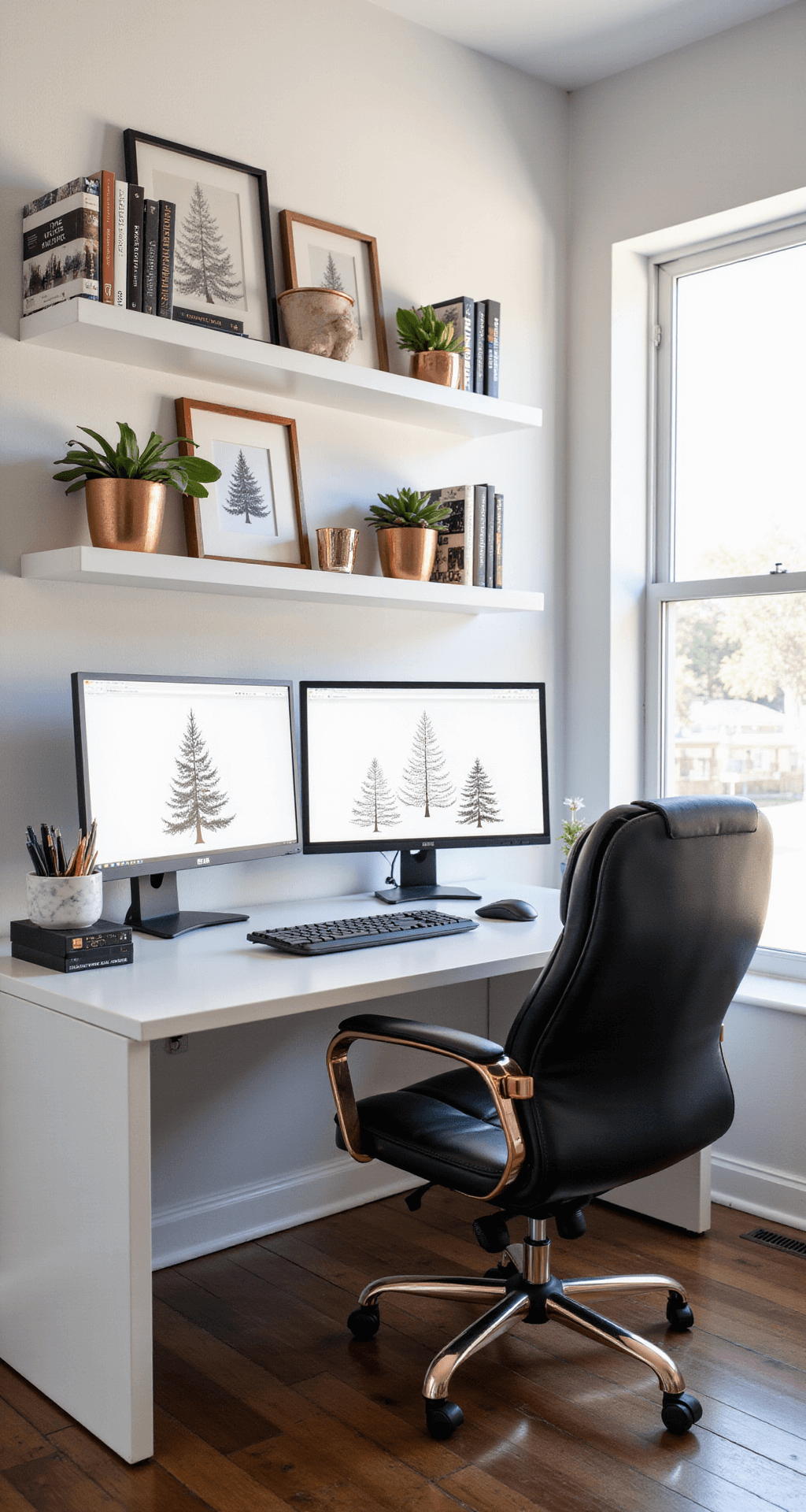 Christmas Tree PNG Graphics: The Ultimate Creative Resource Guide A designer's home office with dual 32-inch monitors showing Christmas tree graphics, featuring a sleek white desk with rose gold accents, an ergonomic black leather chair, floating shelves filled with design books, marble pen holders, and succulents in copper pots, all illuminated by mid-morning natural light from an over-shoulder angle.