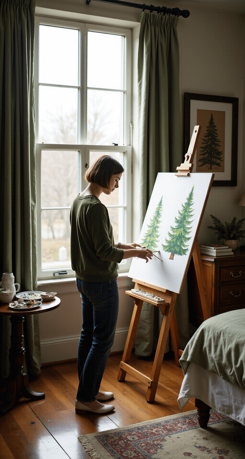 Christmas Tree PNG Graphics: The Ultimate Creative Resource Guide A cozy bedroom corner features an artist painting watercolor Christmas tree designs at an easel by a large window, with afternoon sunlight creating soft shadows. A vintage wooden stool and a palette of greens and golds rest on an antique side table, while sage green linen curtains frame the scene. The hardwood floors are adorned with a Persian rug, capturing a serene and creative atmosphere from a medium distance.