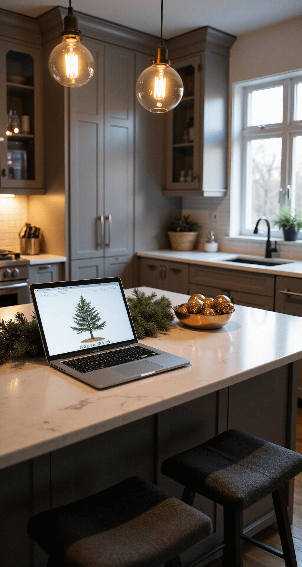 Christmas Tree PNG Graphics: The Ultimate Creative Resource Guide A modern kitchen island workspace featuring an open laptop displaying Christmas tree PNG collections, with warm Edison pendant lights overhead, marble countertops, copper bowls filled with holiday ornaments, and fresh pine garland, creating a festive yet sophisticated atmosphere, viewed from a diagonal angle.