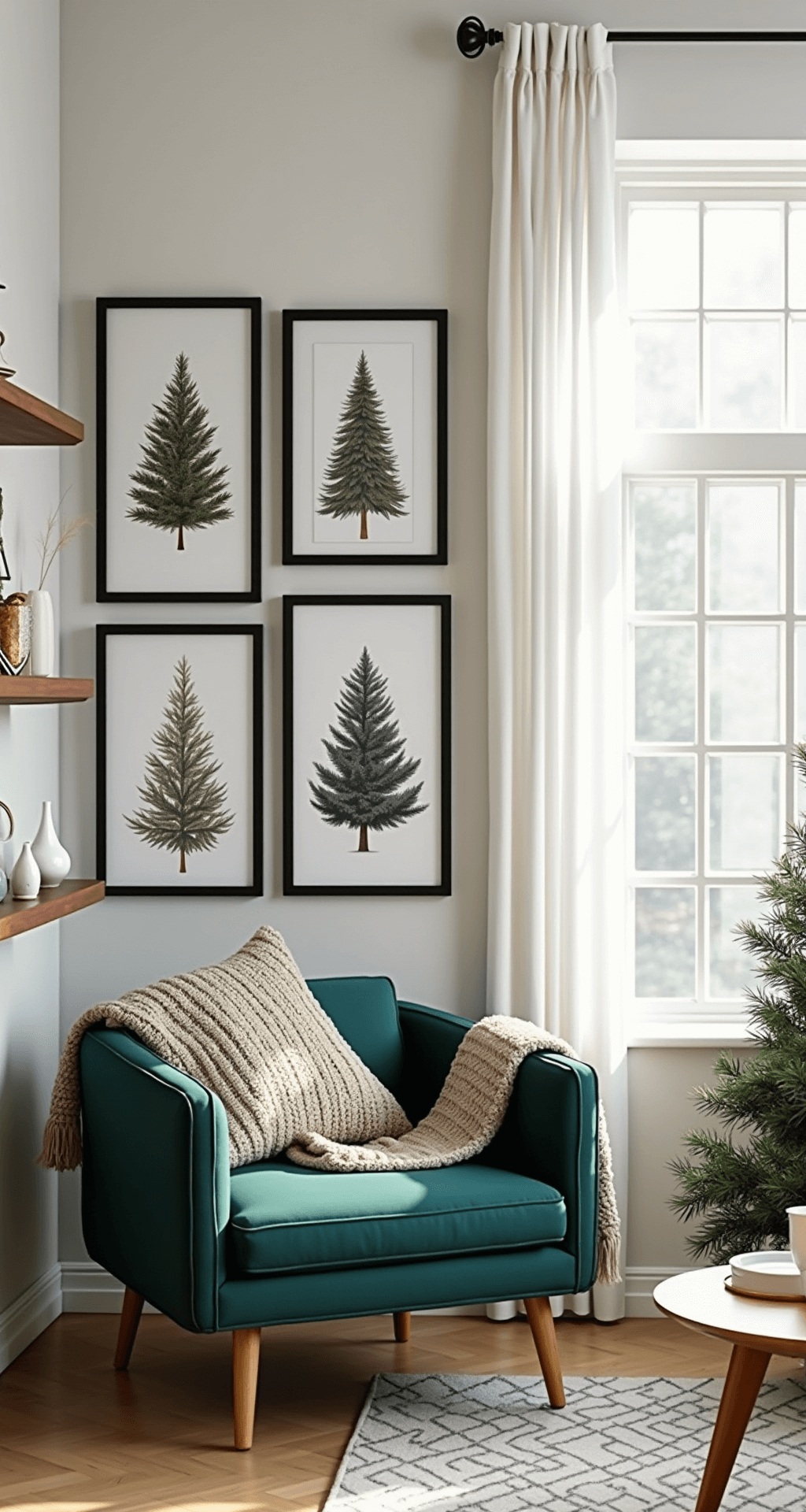 Christmas Tree PNG Graphics: The Ultimate Creative Resource Guide Living room wall gallery showcasing Christmas tree PNG prints in black frames, illuminated by soft morning light through sheer white curtains, complemented by mid-century modern teal and gold furniture, textured throw blankets, and wooden picture ledges, presenting a contemporary holiday decor aesthetic.