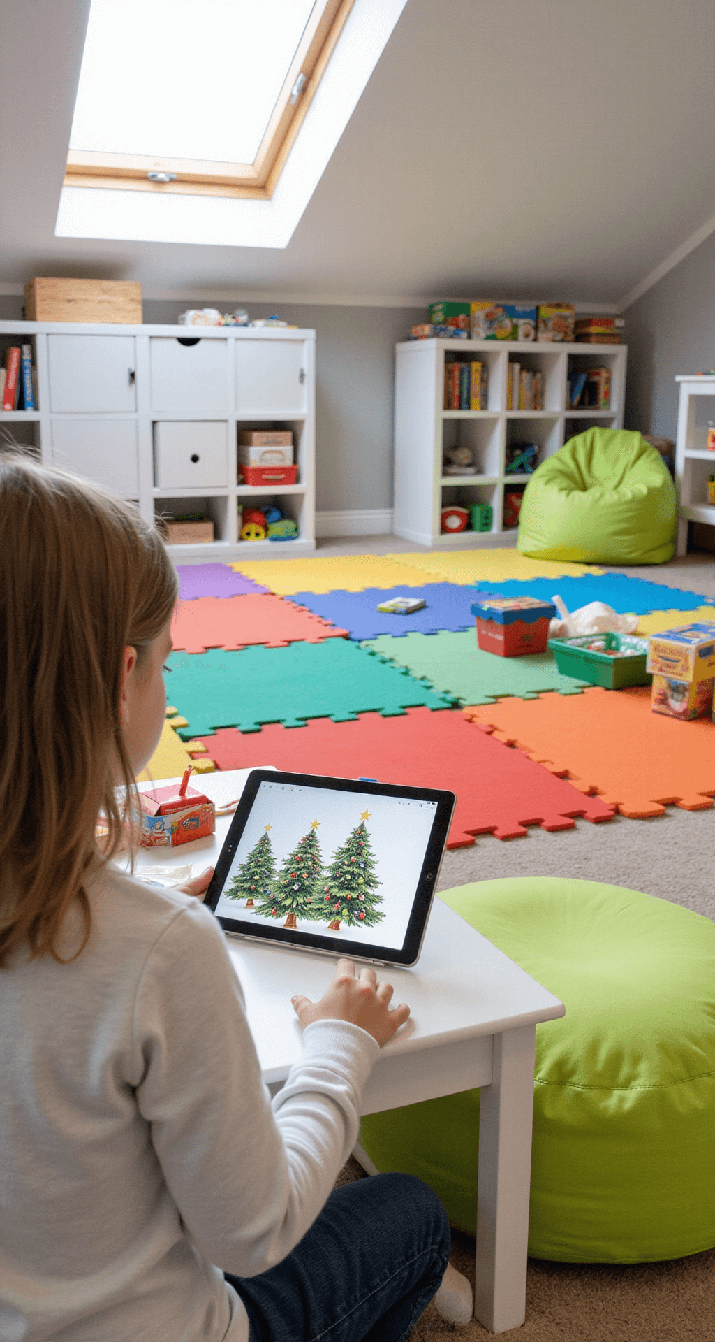 Christmas Tree PNG Graphics: The Ultimate Creative Resource Guide A child’s playroom featuring a Christmas tree displayed on a tablet, colorful foam floor mats in primary colors, white toy storage cubes, and natural light from a skylight. Crayon boxes and art supplies are scattered on a low table, with bright green beanbag chairs, all viewed from a child's eye level.