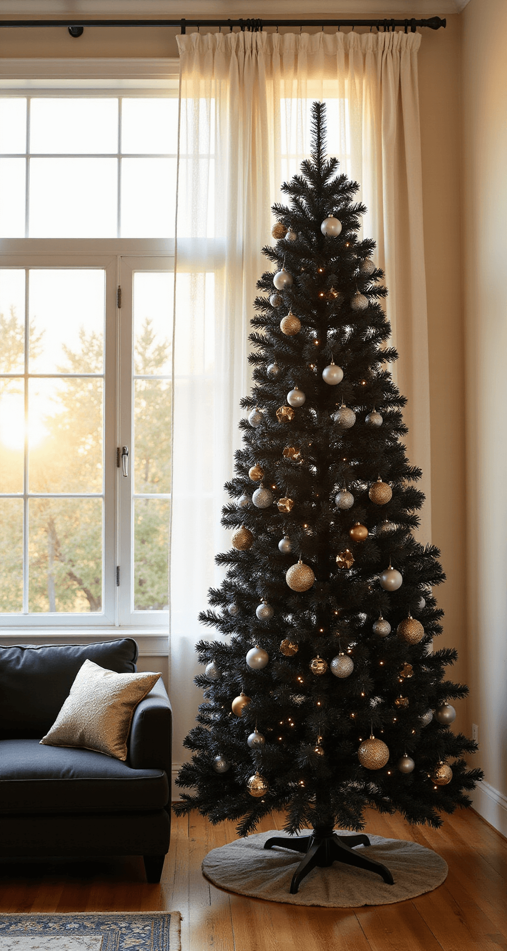 Black Christmas Tree Decorations: A Modern Twist on Holiday Style A sophisticated living room with a 9-foot black artificial Christmas tree near a bay window, featuring silver glitter baubles and gold geometric ornaments. Sunlight filters through sheer white curtains, illuminating a plush charcoal velvet sofa and a Persian rug on hardwood floors, all against cream walls.
