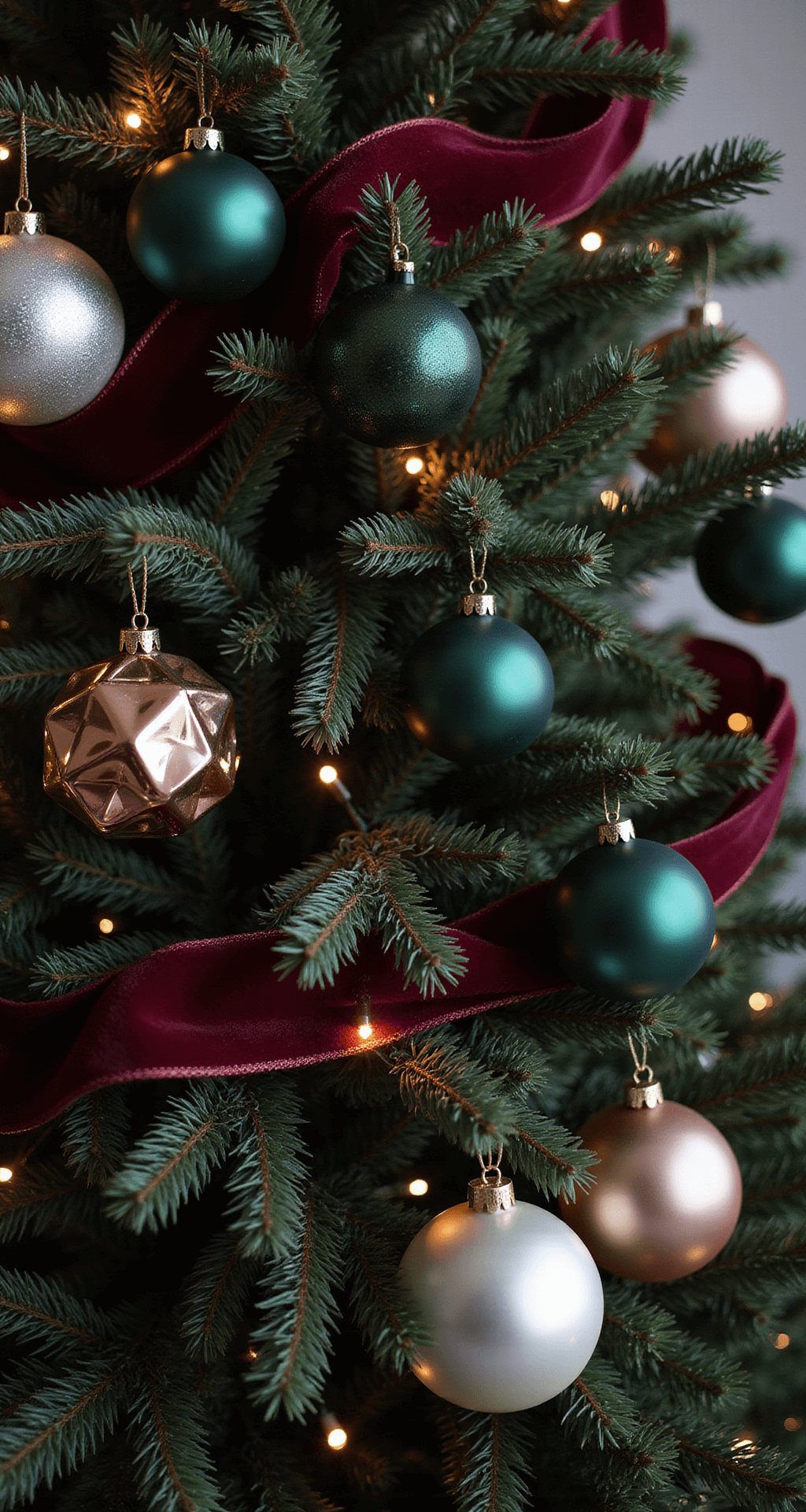 Black Christmas Tree Decorations: A Modern Twist on Holiday Style Close-up detail of black Christmas tree branches adorned with silver mercury glass baubles, rose gold geometric ornaments, and deep emerald glass, illuminated by warm LED string lights. Velvet burgundy ribbon weaves among the branches, highlighting the contrast between matte black needles and glossy ornament surfaces in a soft, luxurious holiday setting.