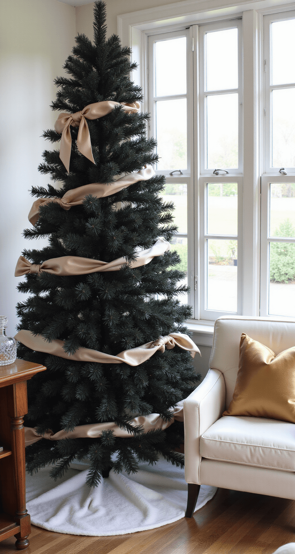 Black Christmas Tree Decorations: A Modern Twist on Holiday Style Elegant living room corner showcasing a black Christmas tree adorned with satin champagne bows, a faux white fur tree skirt, and a cream leather armchair with a metallic gold pillow, illuminated by afternoon natural light filtering through tall windows, alongside a rich mahogany side table featuring a crystal decanter.