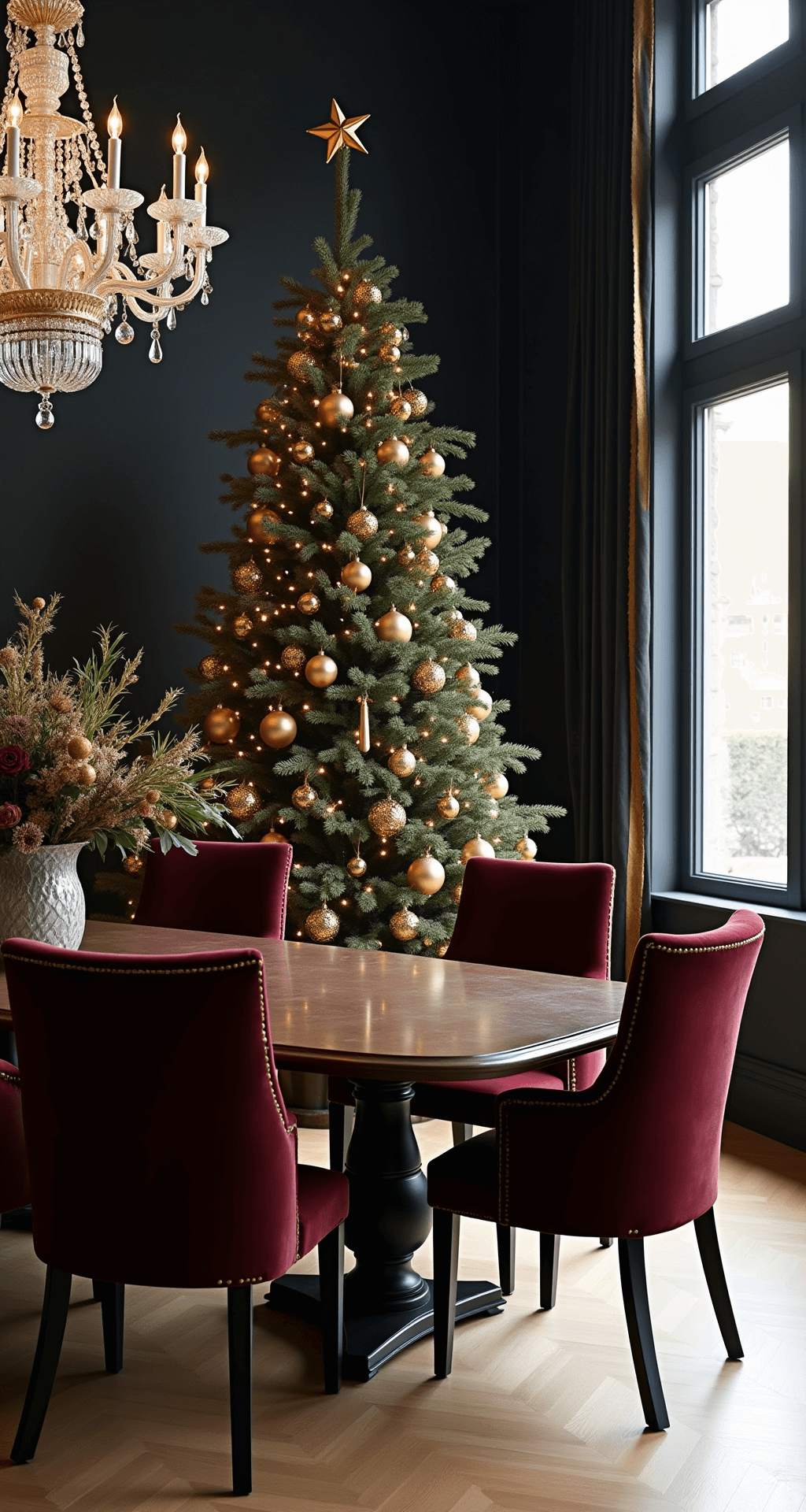 Black Christmas Tree Decorations: A Modern Twist on Holiday Style A sophisticated dining room featuring a black Christmas tree adorned with gold ornaments, under a crystal chandelier, with a mahogany table and rich burgundy velvet chairs, illuminated by afternoon sunlight through tall windows with gold-trimmed curtains.