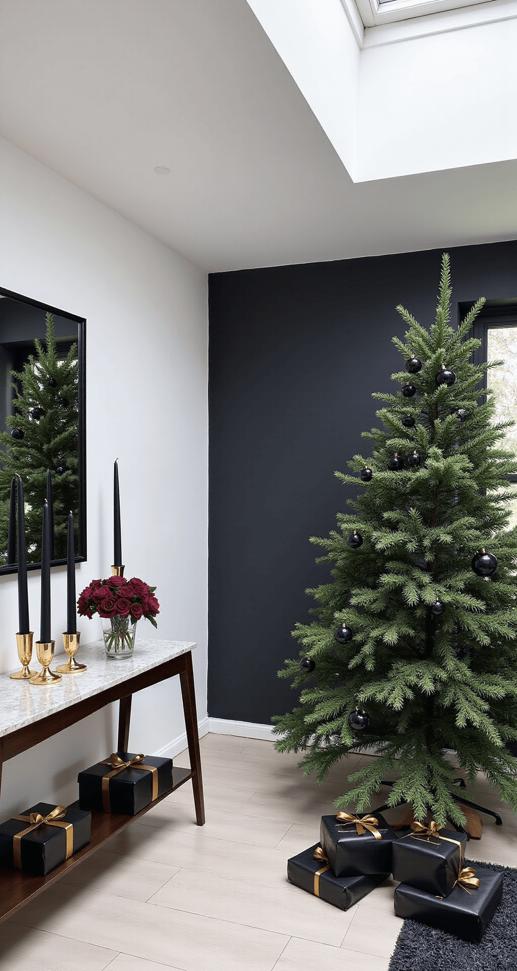 Black Christmas Tree Decorations: A Modern Twist on Holiday Style A modern living space featuring a coordinated black Christmas theme, with black pillar candles in metallic gold holders on a marble console table, dark burgundy floral arrangements in crystal vases, gift boxes wrapped in black paper with gold ribbon beneath a beautifully adorned tree, contemporary white walls, and a charcoal accent wall, all illuminated by natural daylight from skylights.