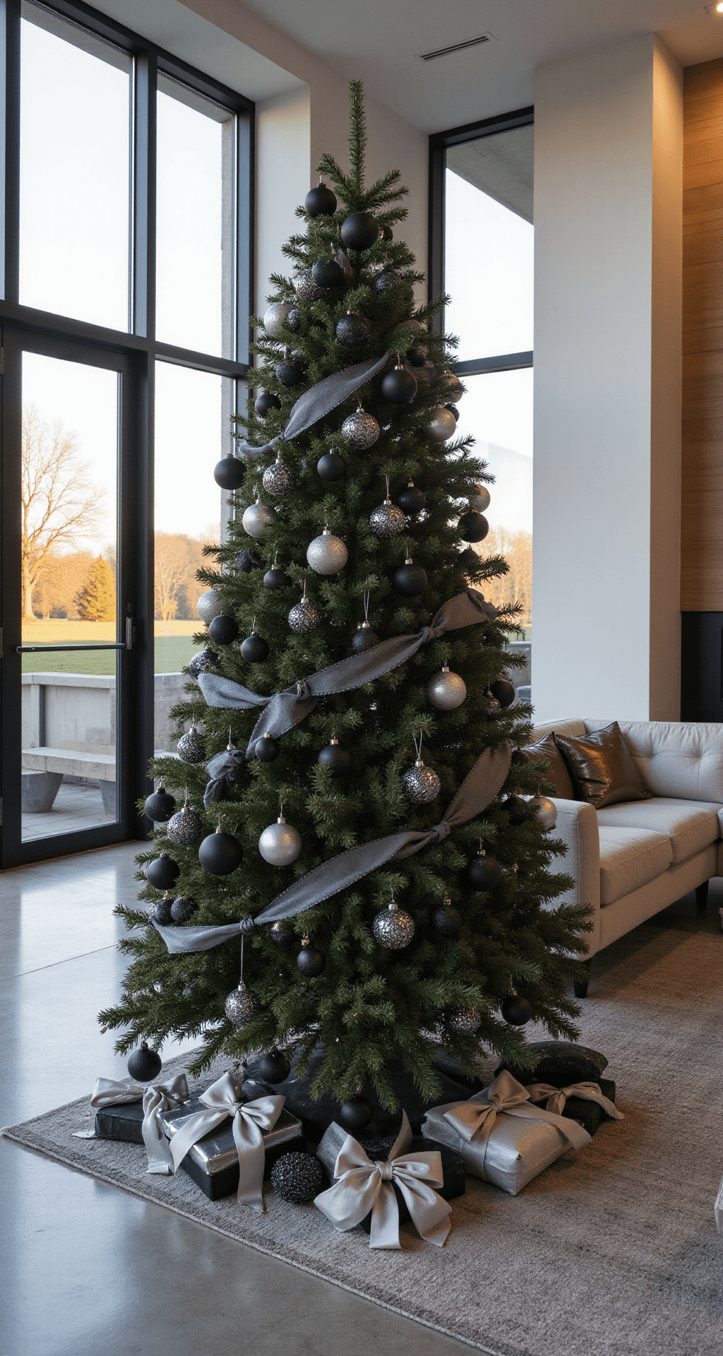 Black Christmas Tree Decorations: A Modern Twist on Holiday Style Designer living room featuring a balanced black Christmas tree adorned with matte black ornaments, glossy silver baubles, and a mix of velvet and satin ribbons, alongside a modern pearl gray sectional sofa with metallic accent pillows, illuminated by golden afternoon light streaming through large windows, set on polished concrete floors with an area rug.