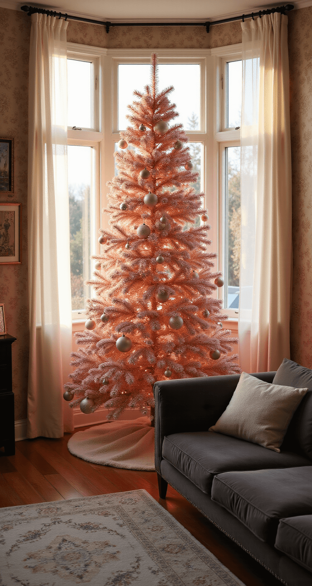 Pink Christmas Tree Decorations: A Modern Festive Wonderland Luxurious living room with a 7ft blush pink Christmas tree in a bay window, illuminated by golden hour sunlight. A rich charcoal sectional sofa with cream pillows faces the tree, and warm hardwood floors are covered by a Persian rug. Soft romantic lighting enhances the elegant decor, including crystal snowflake ornaments and velvet pink baubles.