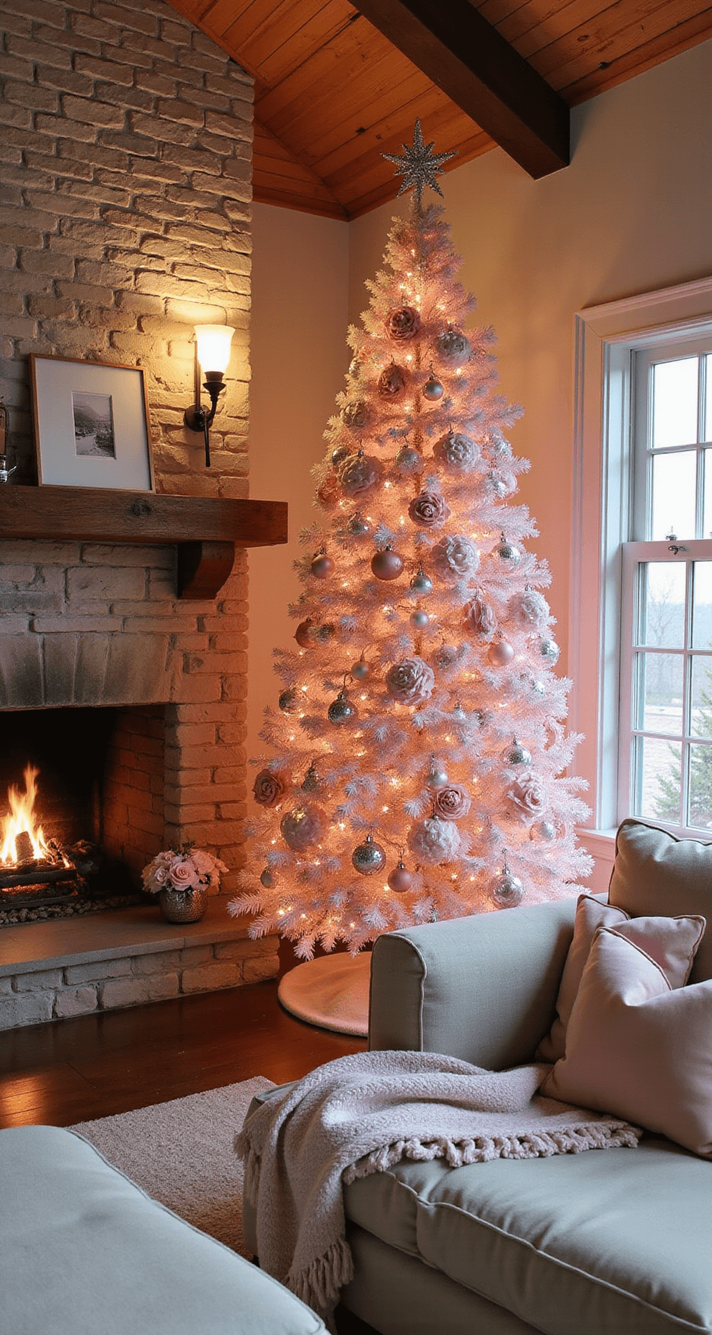 Pink Christmas Tree Decorations: A Modern Festive Wonderland Cozy family room featuring a tall pastel pink Christmas tree adorned with pink poinsettias and delicate roses beside a stone fireplace with a crackling fire, warm amber lighting, a comfortable beige sectional with soft throw blankets, and a rustic wood beam ceiling, all captured from a low angle to emphasize the tree's height against an exposed brick accent wall.