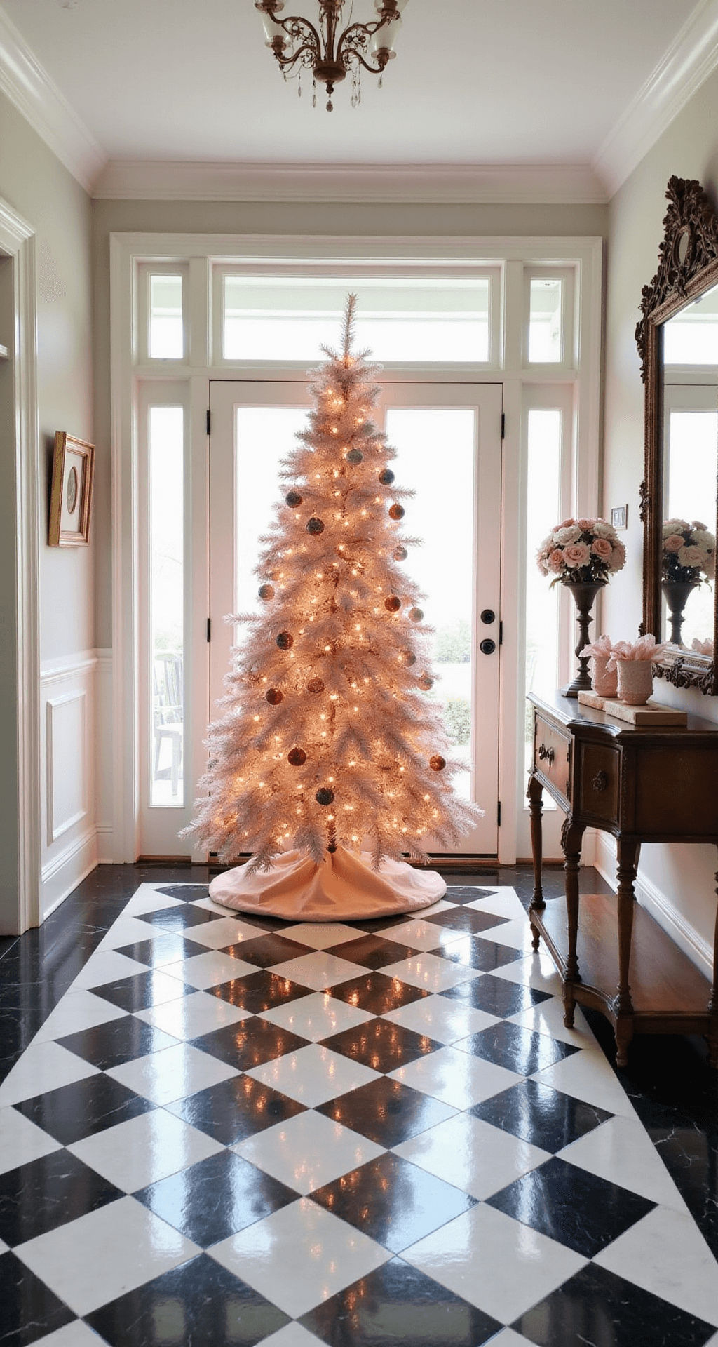 Pink Christmas Tree Decorations: A Modern Festive Wonderland A chic entryway foyer featuring a statement blush pink Christmas tree, illuminated by bright midday light from frosted glass doors, with black and white checkered marble floors and an ornate mirror reflecting glittered ornaments. An antique console table displays pink holiday arrangements, while wainscoting adds architectural detail.