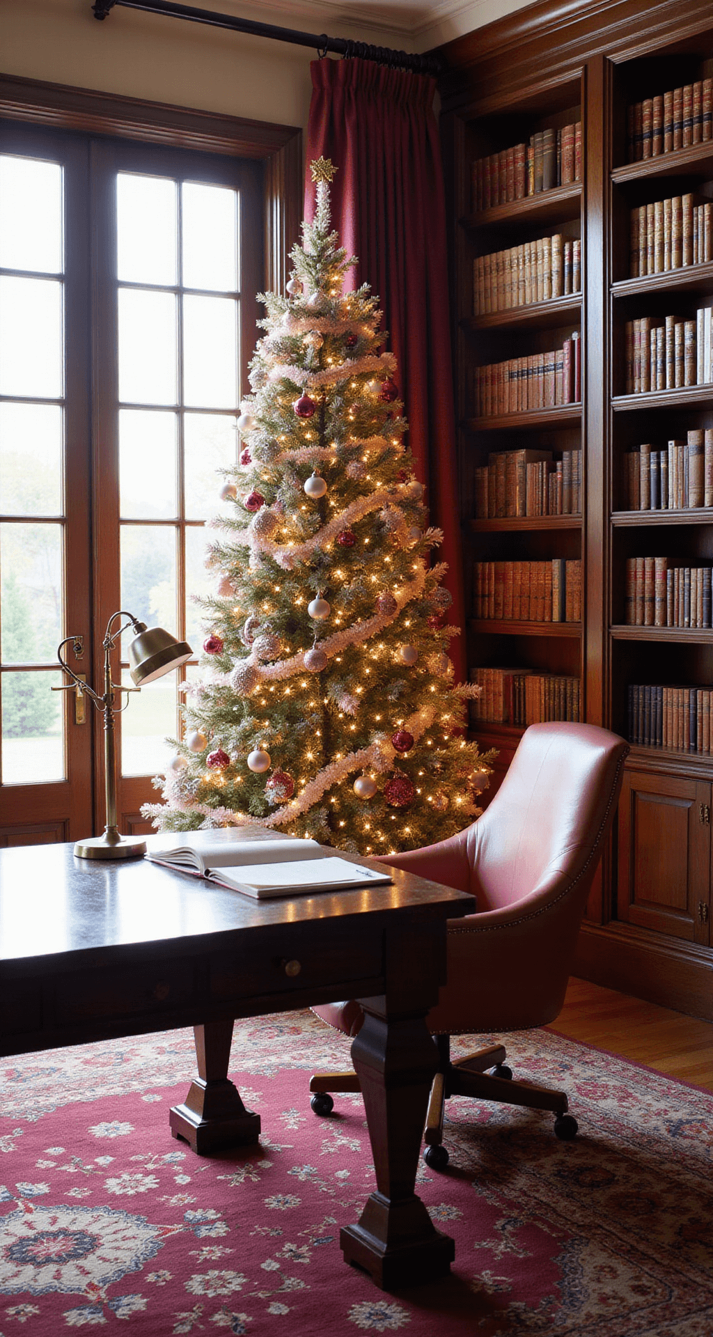 Pink Christmas Tree Decorations: A Modern Festive Wonderland Elegant home office featuring a sophisticated pink Christmas tree beside floor-to-ceiling bookshelves, illuminated by warm afternoon light from French doors. The rich mahogany desk with a brass lamp complements the tree's luxury metallic ornaments, while velvet pink baubles add texture against leather-bound books. A deep burgundy Persian carpet grounds the space, and crystal elements catch the light beautifully, all captured in a three-quarter view that showcases the professional yet festive atmosphere.