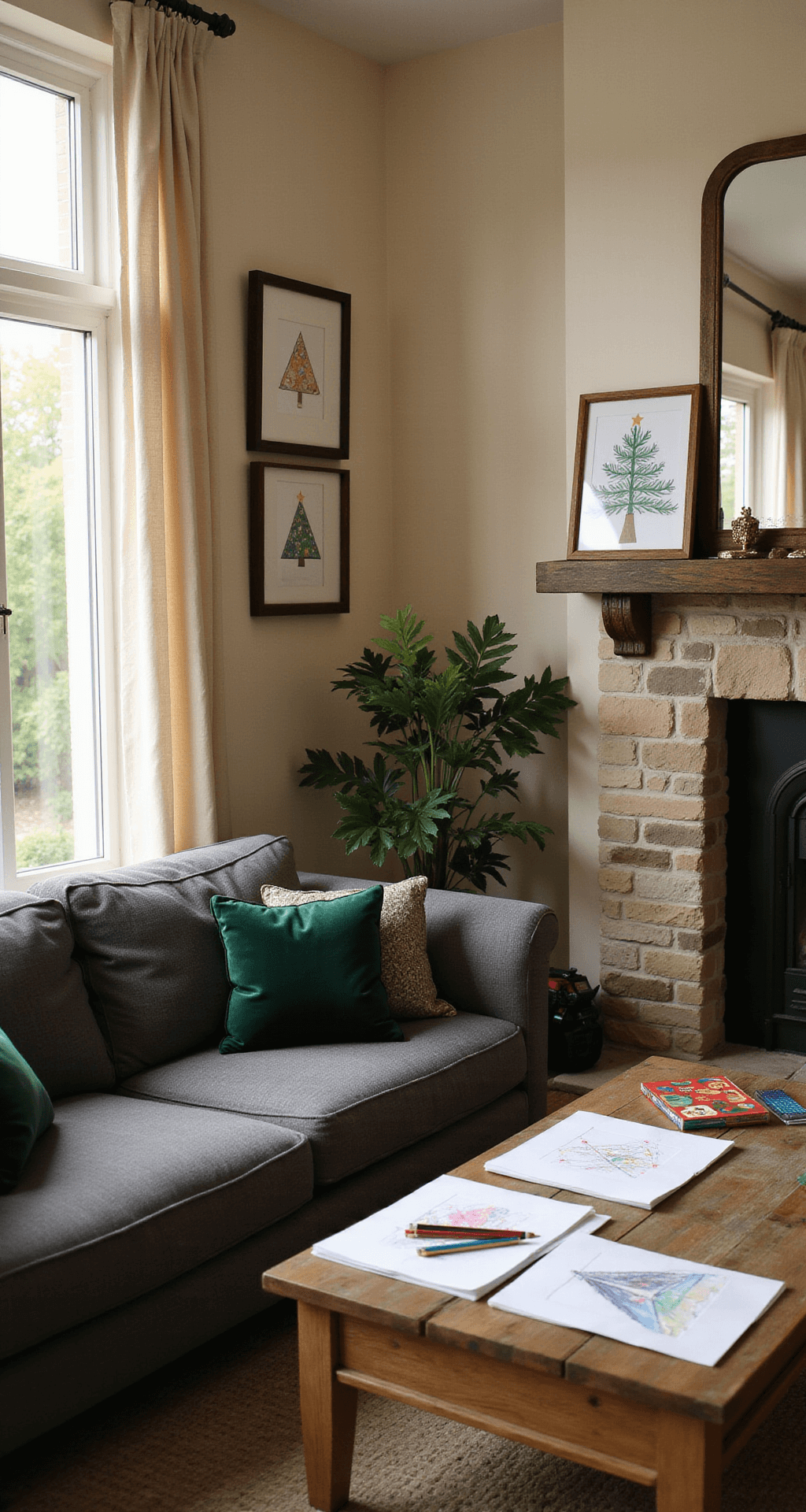 6 Incredibly Easy Christmas Tree Drawing Techniques for Everyone Photorealistic cozy living room with handmade Christmas artwork on the mantelpiece, warm light illuminating cream walls adorned with triangle-tree drawings, a plush charcoal sectional facing a stone fireplace, rustic oak coffee table with art supplies, and soft forest green velvet throw pillows.