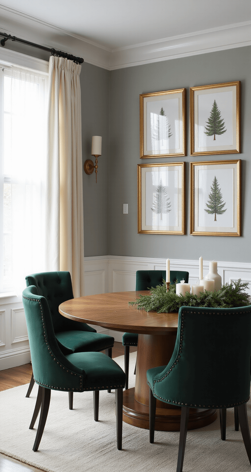 6 Incredibly Easy Christmas Tree Drawing Techniques for Everyone Elegant dining room featuring curved Christmas tree artwork in gallery frames, soft morning light through sheer curtains, rich walnut table with emerald velvet chairs, sophisticated tablescape with greenery and candles, and warm brass fixtures.