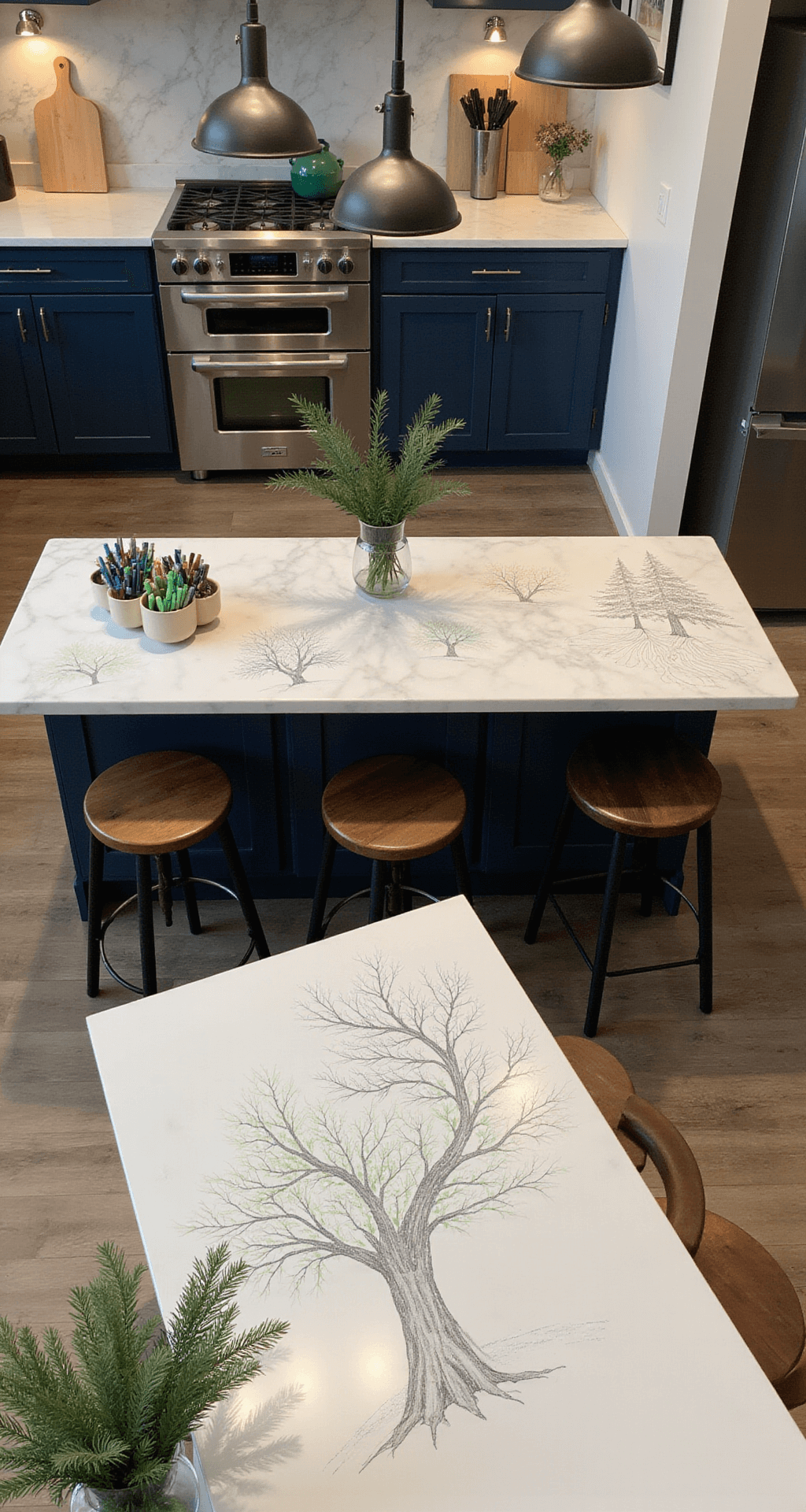 6 Incredibly Easy Christmas Tree Drawing Techniques for Everyone Contemporary kitchen island workspace with marble surface adorned by line-based tree drawings, white quartz countertops, navy blue cabinetry, and copper bar stools. Art supplies in ceramic containers are arranged alongside fresh pine branches in a glass vase, all captured in a warm, ambient overhead shot showcasing organized creativity and modern functionality.