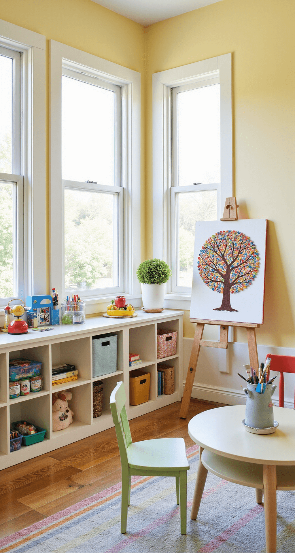 6 Incredibly Easy Christmas Tree Drawing Techniques for Everyone A cheerful children's playroom with scalloped layer tree artwork on a colorful easel, illuminated by natural light through bay windows. Soft yellow walls, white storage cubbies filled with art supplies in bright bins, a rainbow-striped rug, and a small table and chairs create a playful and nurturing environment designed for creativity.
