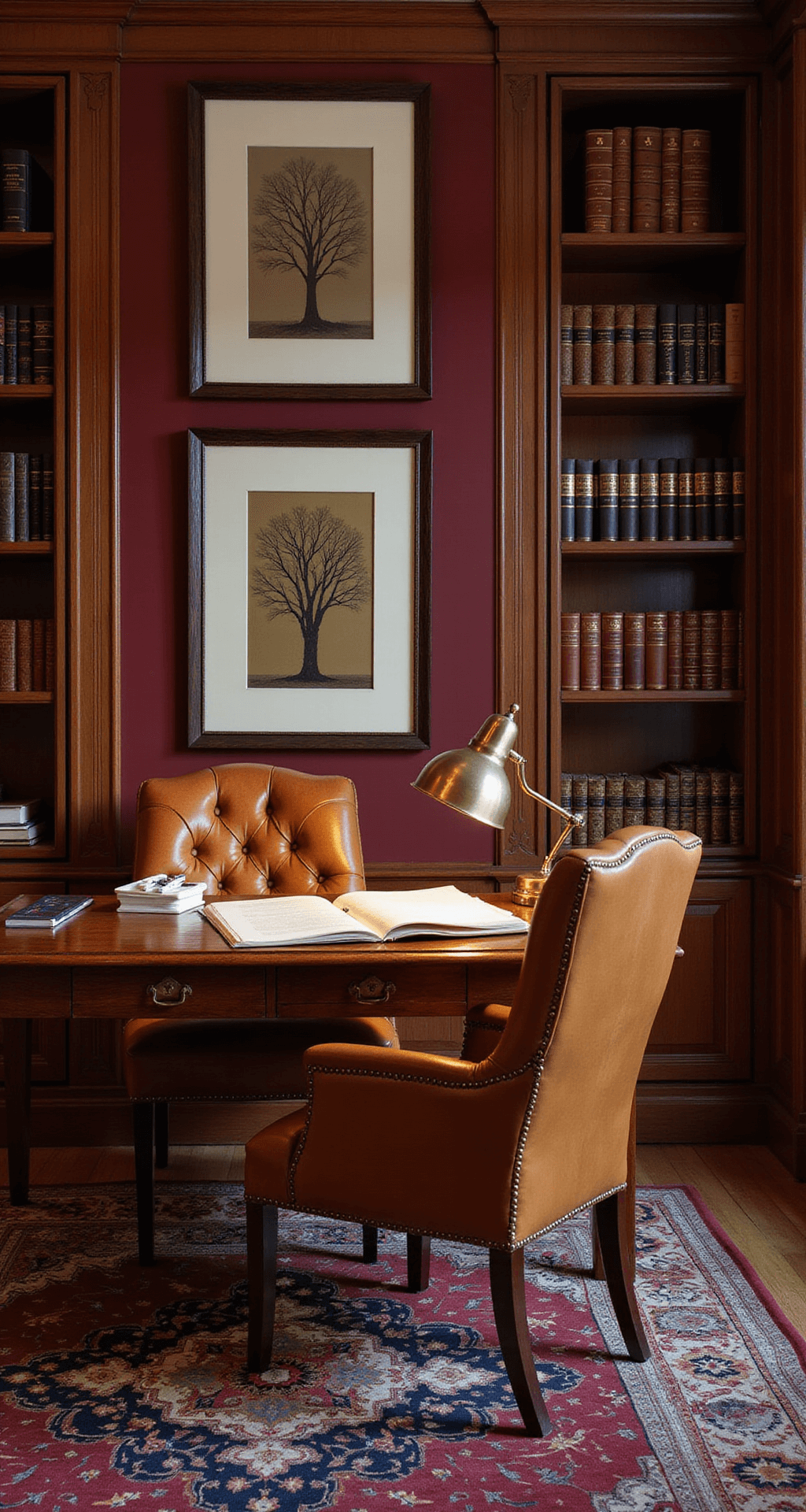 6 Incredibly Easy Christmas Tree Drawing Techniques for Everyone Sophisticated study with negative space tree art in museum frames on burgundy walls, illuminated by a table lamp over an antique leather desk with white gel pens and specialty papers, a tufted cognac leather chair, built-in bookcases, and a deep jewel-toned Persian rug, enhancing the scholarly and artistic ambience, highlighted by brass hardware and mahogany wood.