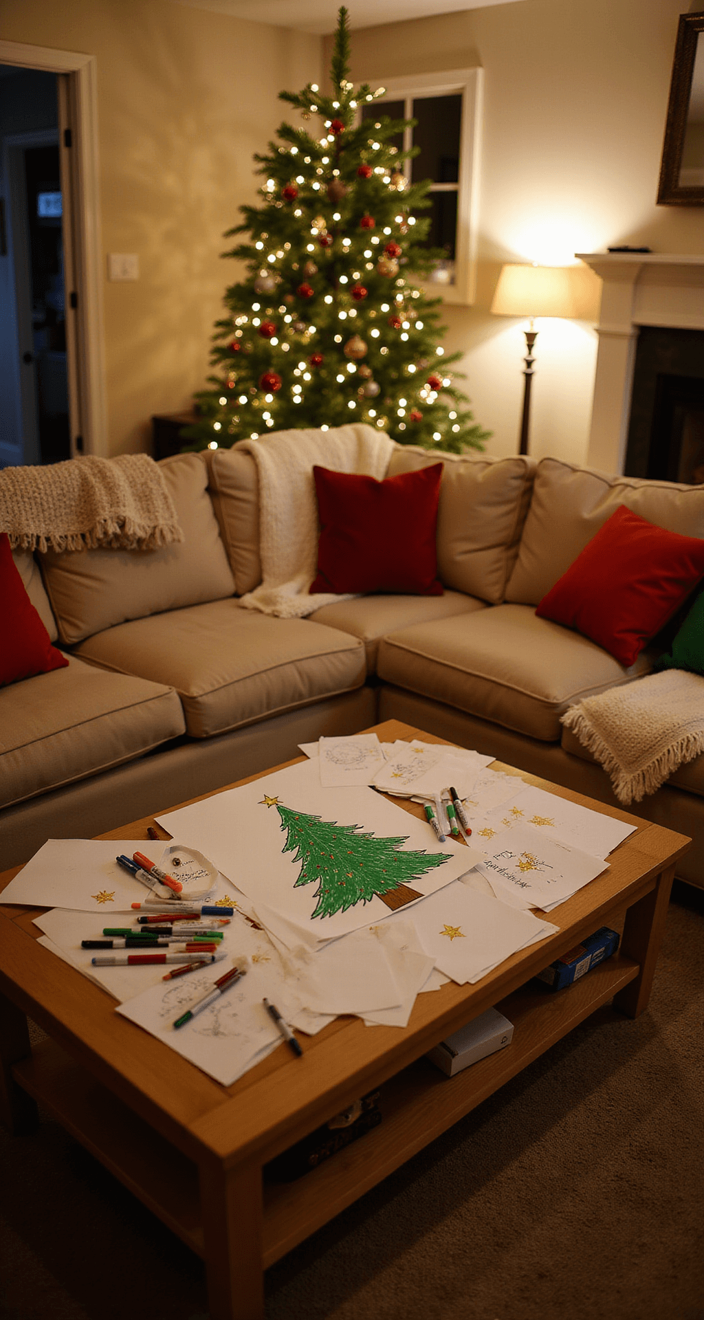 6 Incredibly Easy Christmas Tree Drawing Techniques for Everyone A cozy family room decorated for the holidays, featuring a coffee table with Christmas tree drawing supplies and finished artwork, surrounded by a warm beige sectional and colorful throw pillows, illuminated by twinkling lights and floor lamps.