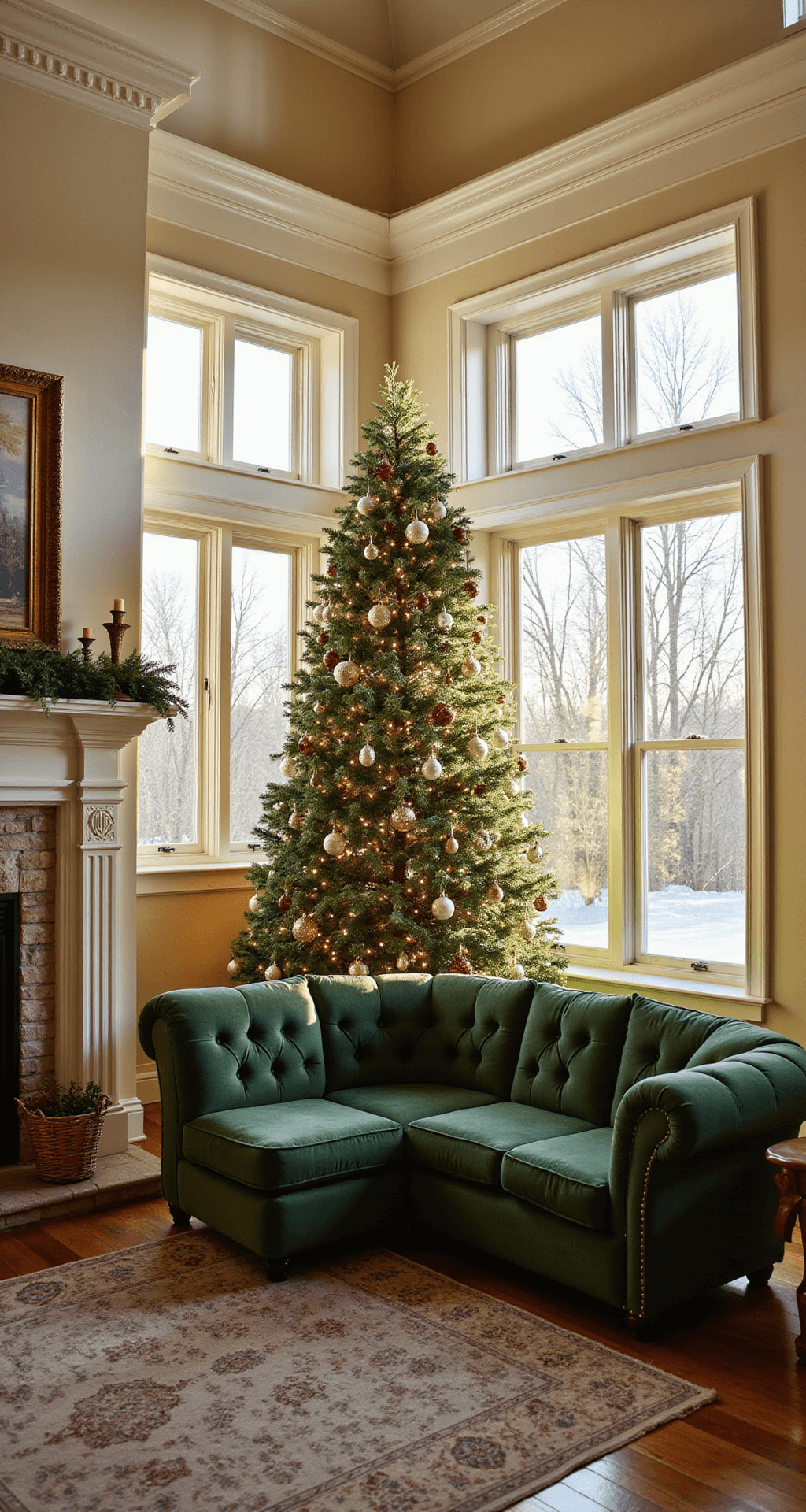 Finding Your Perfect Christmas Tree: A Guide to Christmas Tree Farms Luxurious living room with a Fraser Fir Christmas tree, emerald velvet sectional sofa, and stone fireplace, illuminated by golden hour light streaming through tall windows, featuring cream walls and a Persian rug.