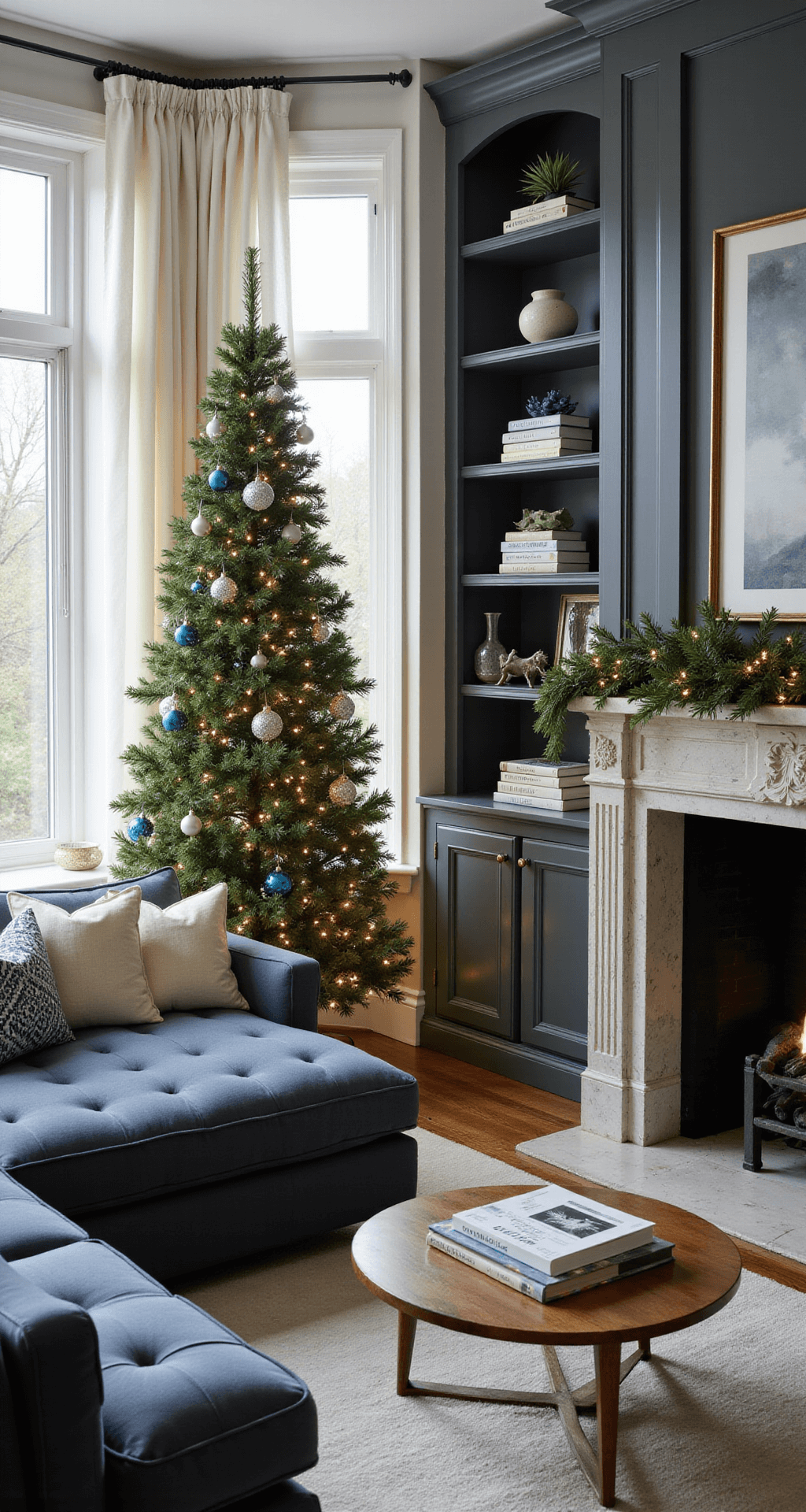 Finding Your Perfect Christmas Tree: A Guide to Christmas Tree Farms Medium shot of an elegant family room featuring a Balsam Fir tree adorned with silver and blue ornaments and twinkling lights, positioned near bay windows. Morning light filters through sheer curtains, illuminating charcoal gray built-in bookshelves and a marble fireplace mantel. A plush navy sectional with cream throw pillows complements the polished oak floors, while a styled coffee table displays holiday books, creating a warm and inviting atmosphere.