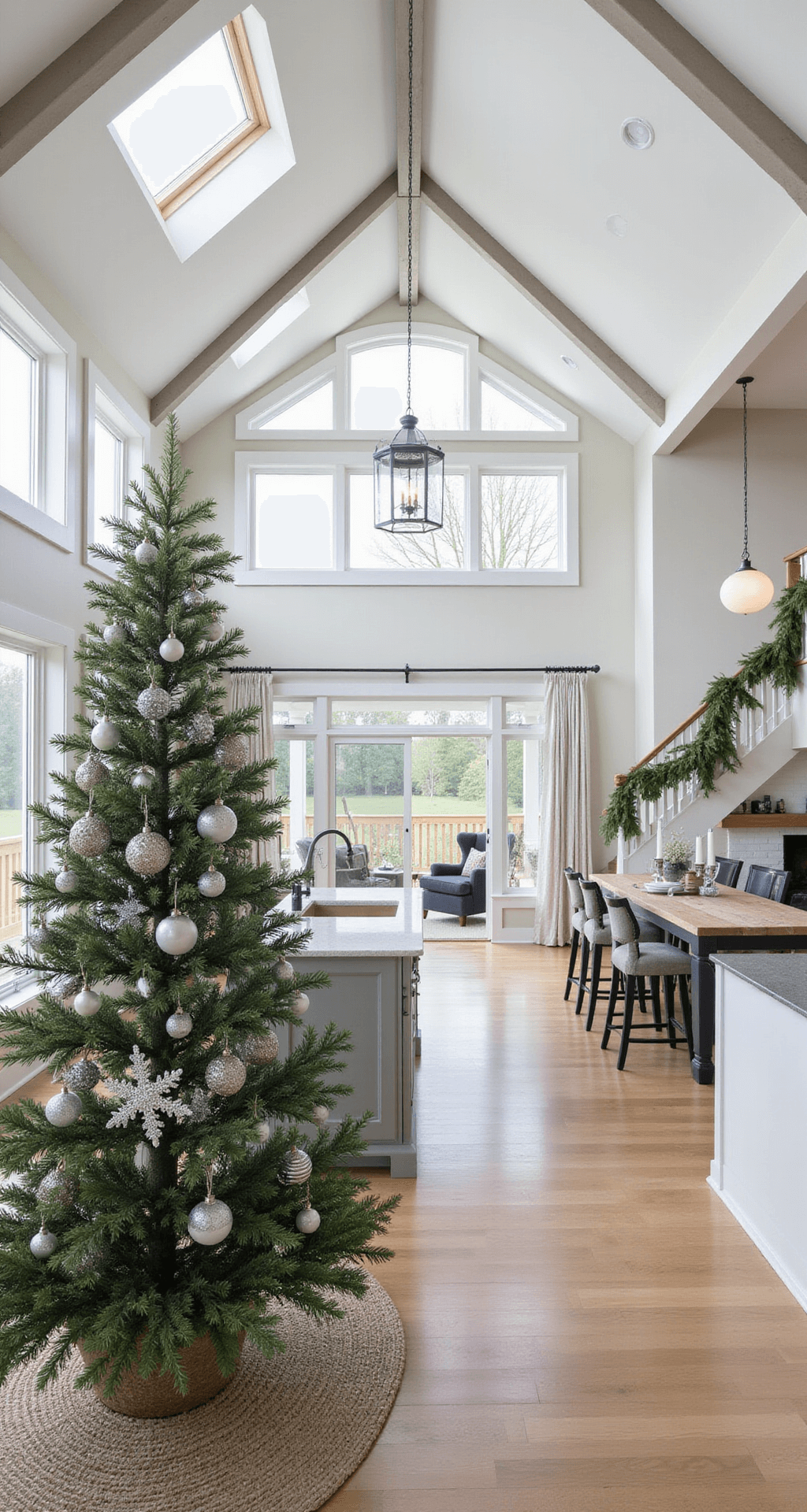 Finding Your Perfect Christmas Tree: A Guide to Christmas Tree Farms Overhead view of an open concept great room featuring a central Blue Spruce Christmas tree, cathedral ceilings, clerestory windows, and modern farmhouse decor with a white kitchen island, gray cabinets, and a reclaimed wood dining table, all beautifully illuminated by late morning light.
