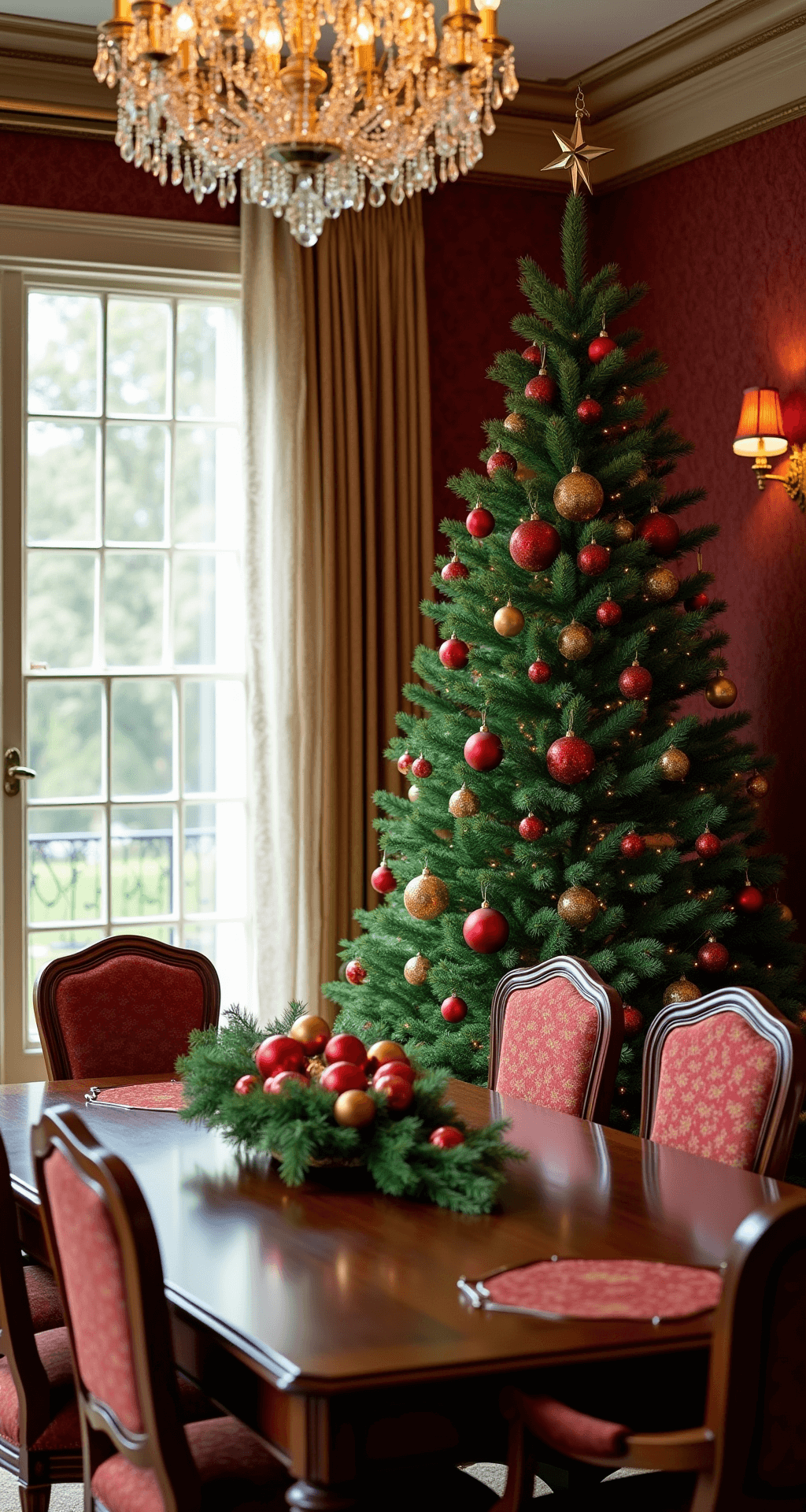 Finding Your Perfect Christmas Tree: A Guide to Christmas Tree Farms Traditional dining room with a fresh evergreen tree adorned in red and gold ornaments, next to tall windows draped with gauzy curtains. The rich mahogany dining set contrasts against burgundy wallpaper with gold accents. Soft afternoon light highlights a crystal chandelier above the table, which features a matching centerpiece of pine boughs, creating an elegant and warm atmosphere.