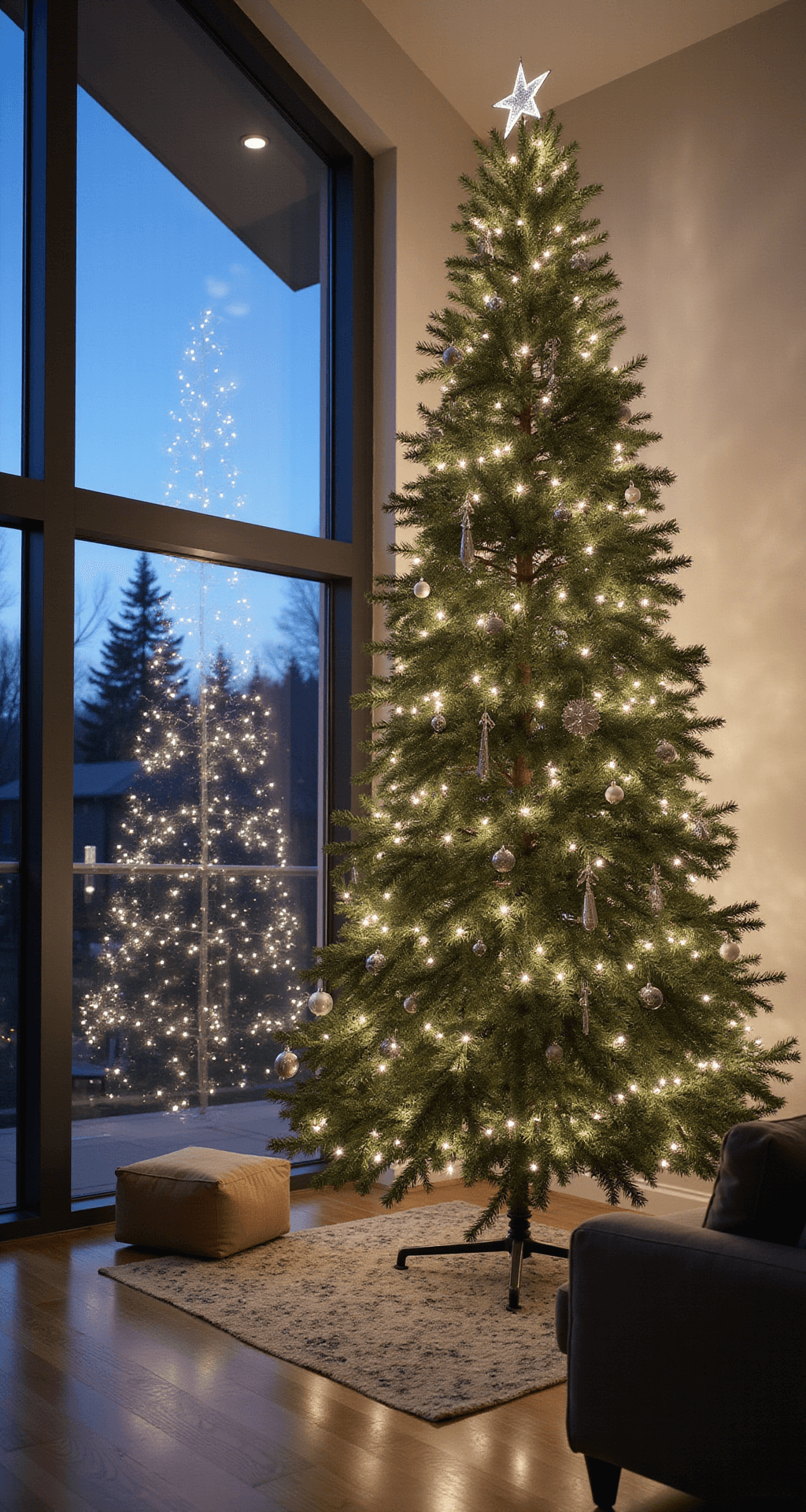 Finding Your Perfect Christmas Tree: A Guide to Christmas Tree Farms Low-angle shot of a contemporary family room featuring a towering Christmas tree with minimalist decor, beside floor-to-ceiling windows showcasing winter twilight and outdoor string lights. The room has gray sectional seating, white walls, dark hardwood floors, and a geometric area rug, illuminated by recessed lighting and the tree's soft glow, creating a cozy atmosphere.
