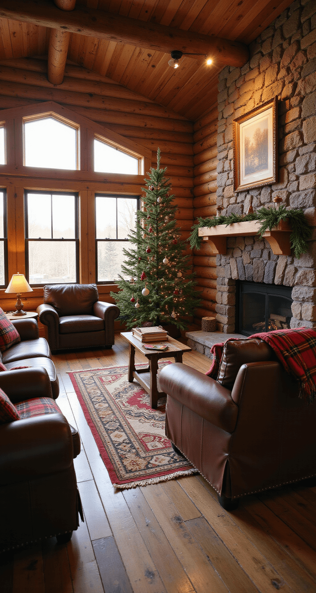 Finding Your Perfect Christmas Tree: A Guide to Christmas Tree Farms A cozy rustic cabin living room featuring plaid furniture and leather accents, with a fresh-cut pine tree decorated with handmade ornaments and warm lights near a stone hearth, bathed in golden hour light.