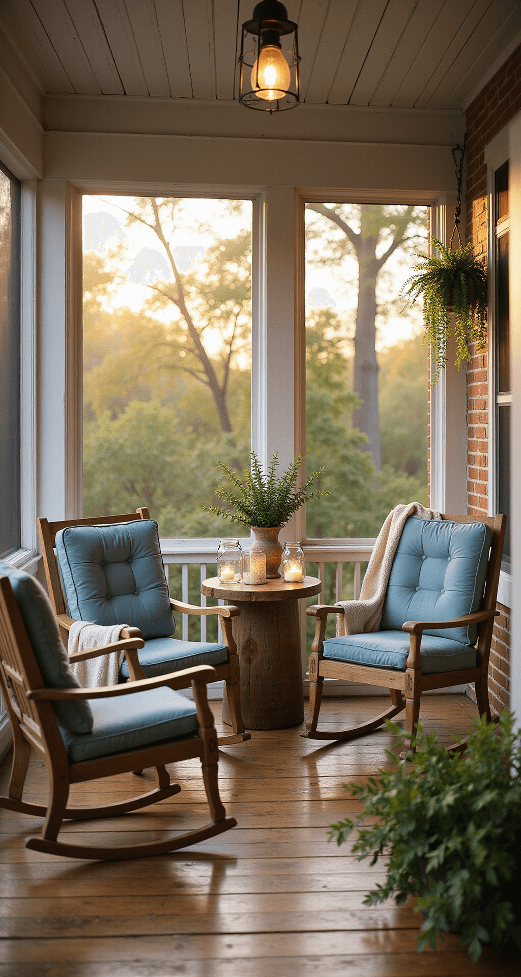 Transform Your Home: Ultimate Screened Front Porch Design Guide Wide-angle shot of a classic screened front porch at golden hour, featuring vintage rocking chairs with blue cushions, a reclaimed wood table with mason jar lanterns, and warm lighting casting shadows on wooden flooring, enhanced by southern charm elements like hanging ferns and milk glass fixtures.