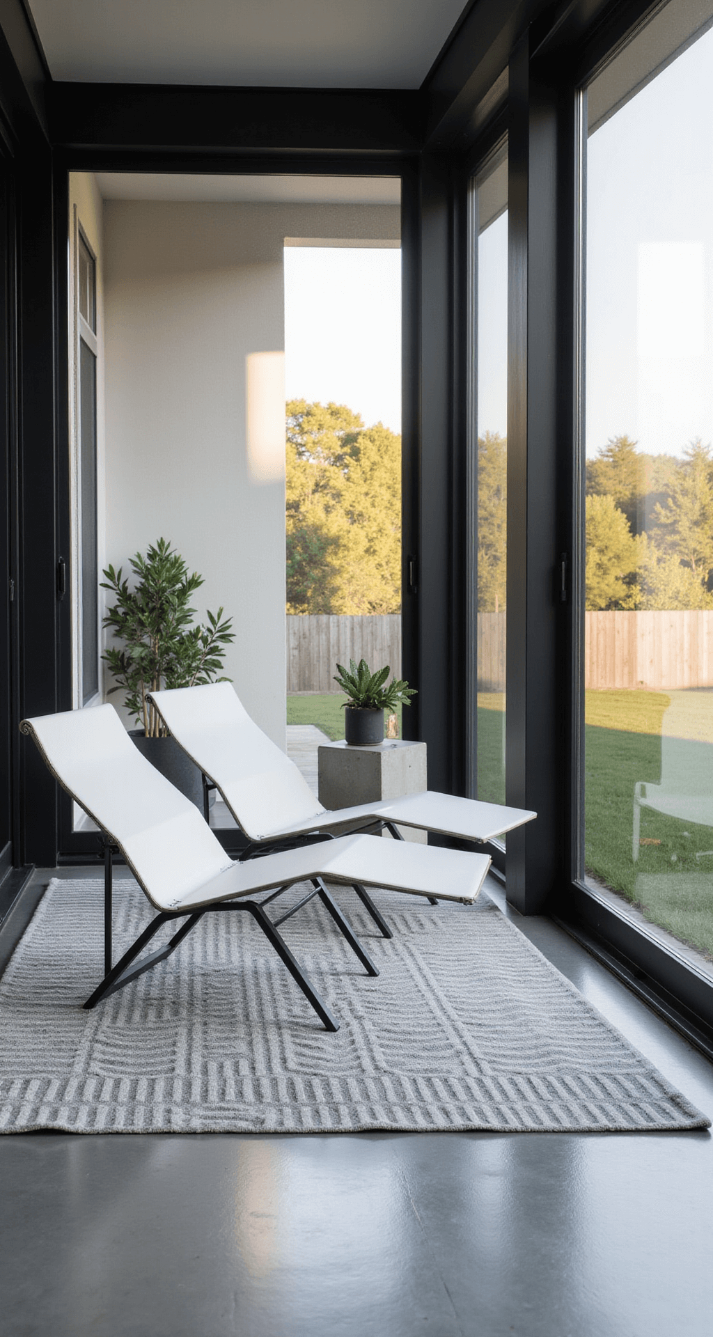 Transform Your Home: Ultimate Screened Front Porch Design Guide A modern minimalist screened porch featuring sleek black aluminum framing and fine charcoal screening, with geometric steel lounge chairs on a gray patterned rug, a concrete side table with a succulent, and polished floors reflecting natural light.